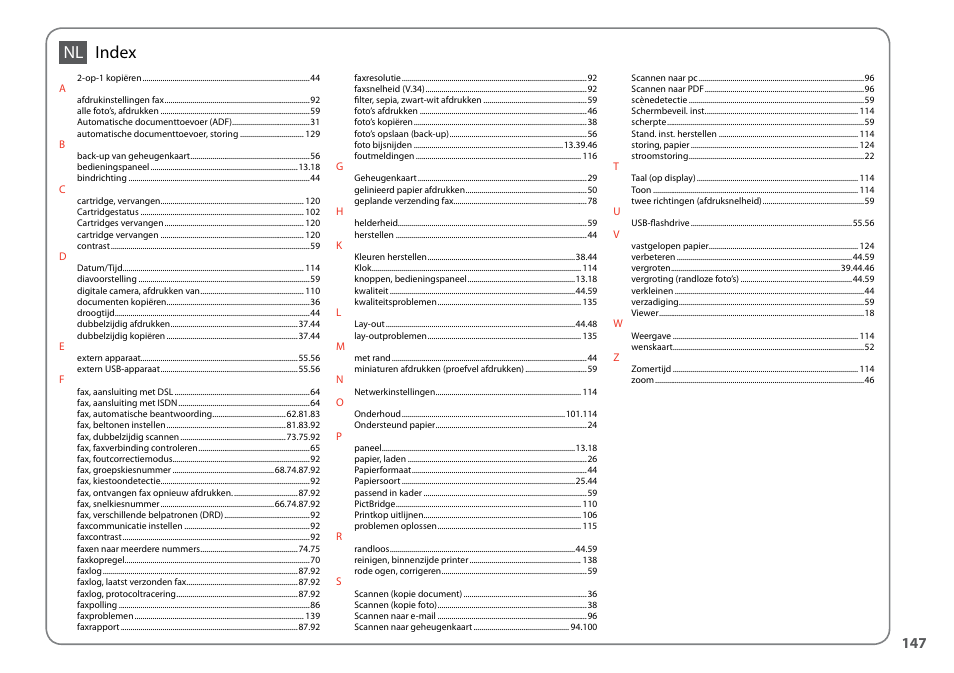 Index nl | Epson Stylus SX620FW User Manual | Page 147 / 148