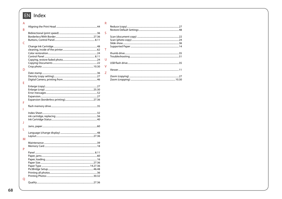 Index | Epson Stylus SX510W User Manual | Page 68 / 72