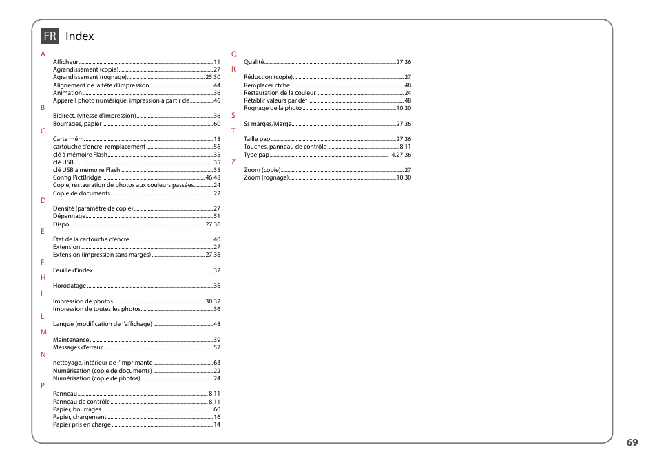 Index fr | Epson Stylus SX510W User Manual | Page 69 / 72