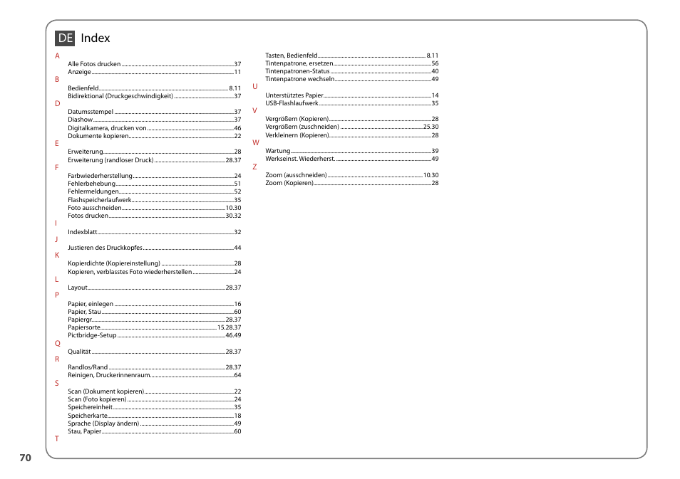 Index de | Epson Stylus SX510W User Manual | Page 70 / 72