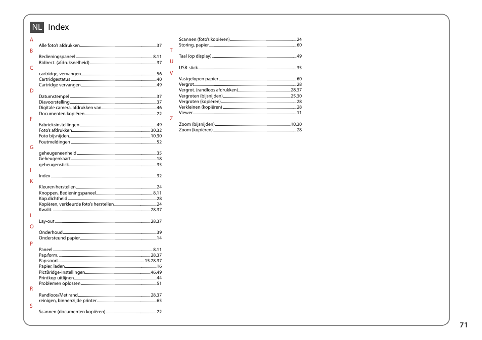 Index nl | Epson Stylus SX510W User Manual | Page 71 / 72