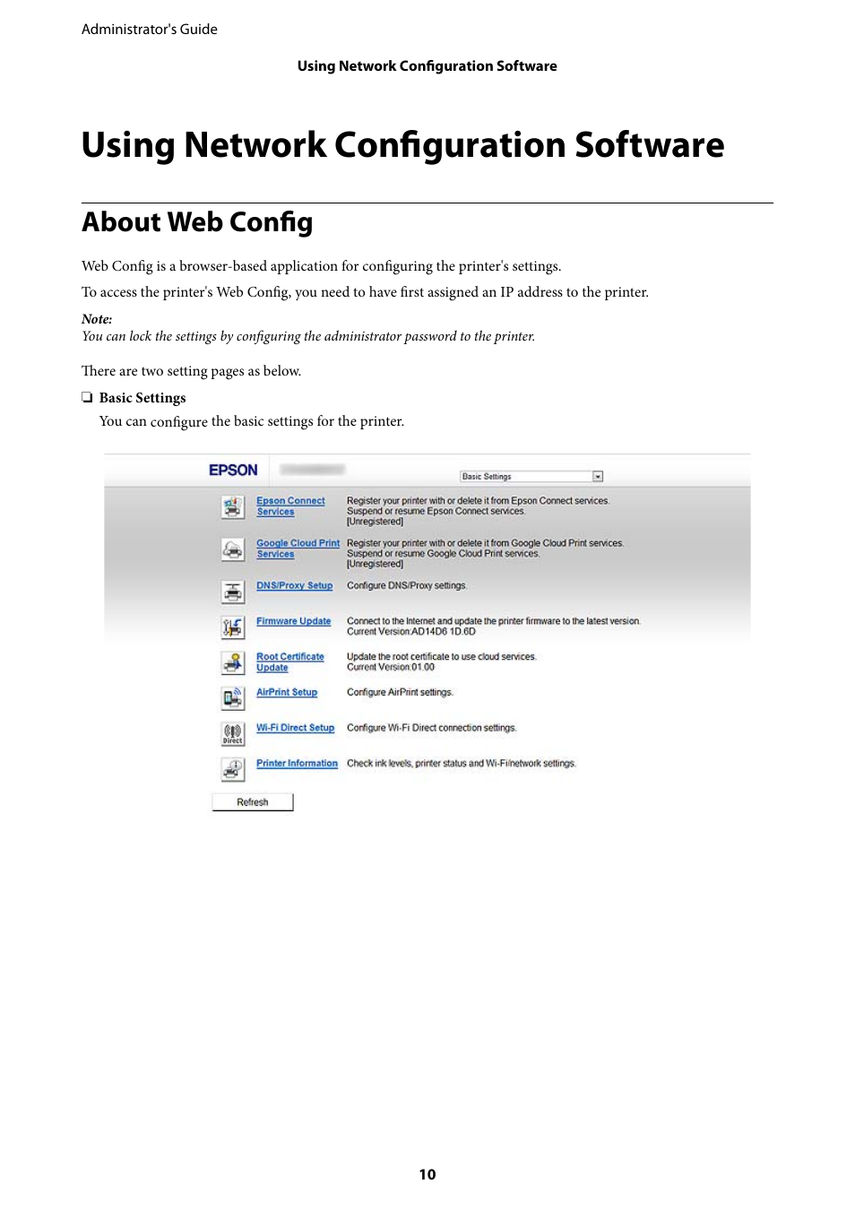 Using network configuration software, About web config | Epson WorkForce Pro WF-R8590 DTWF User Manual | Page 10 / 69