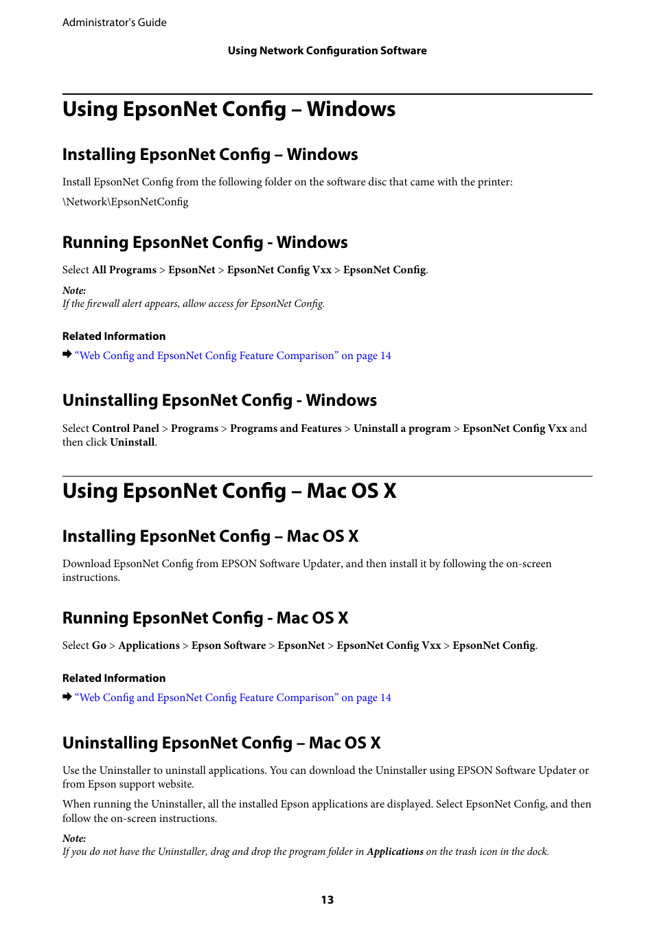 Using epsonnet config – windows, Installing epsonnet config – windows, Running epsonnet config - windows | Uninstalling epsonnet config - windows, Using epsonnet config – mac os x, Installing epsonnet config – mac os x, Running epsonnet config - mac os x, Uninstalling epsonnet config – mac os x | Epson WorkForce Pro WF-R8590 DTWF User Manual | Page 13 / 69
