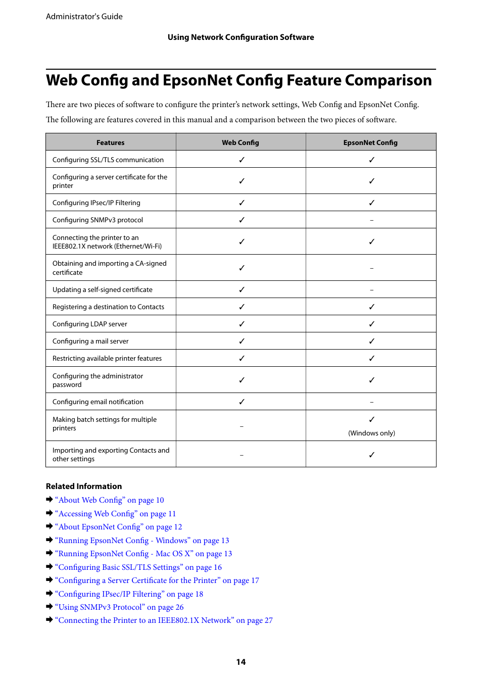 Web config and epsonnet config feature comparison | Epson WorkForce Pro WF-R8590 DTWF User Manual | Page 14 / 69