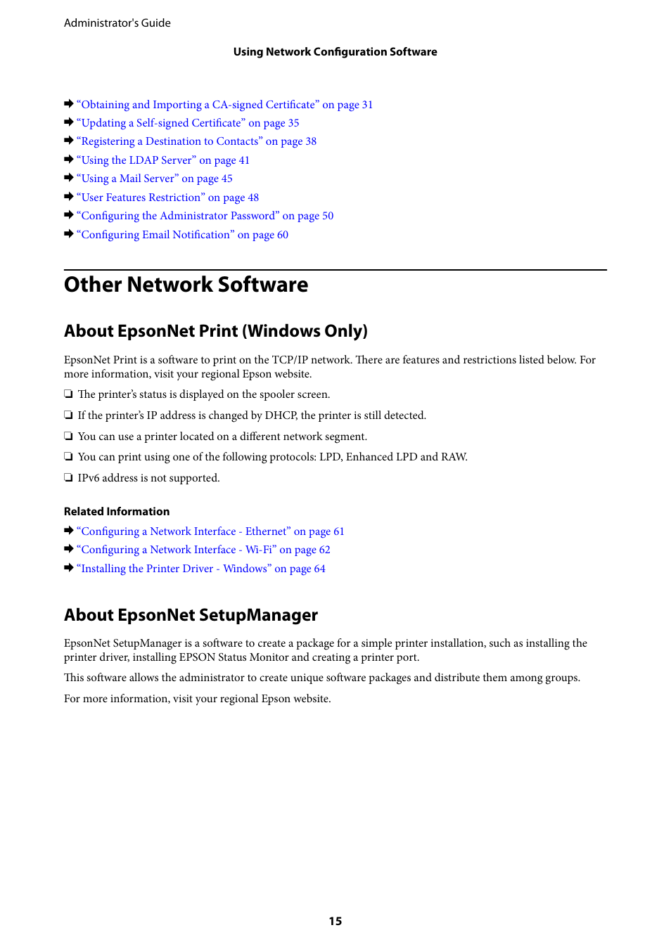Other network software, About epsonnet print (windows only), About epsonnet setupmanager | Epson WorkForce Pro WF-R8590 DTWF User Manual | Page 15 / 69