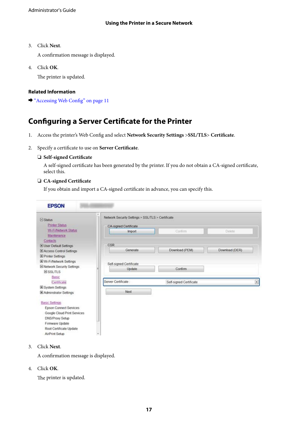 Configuring a server certificate for the printer | Epson WorkForce Pro WF-R8590 DTWF User Manual | Page 17 / 69