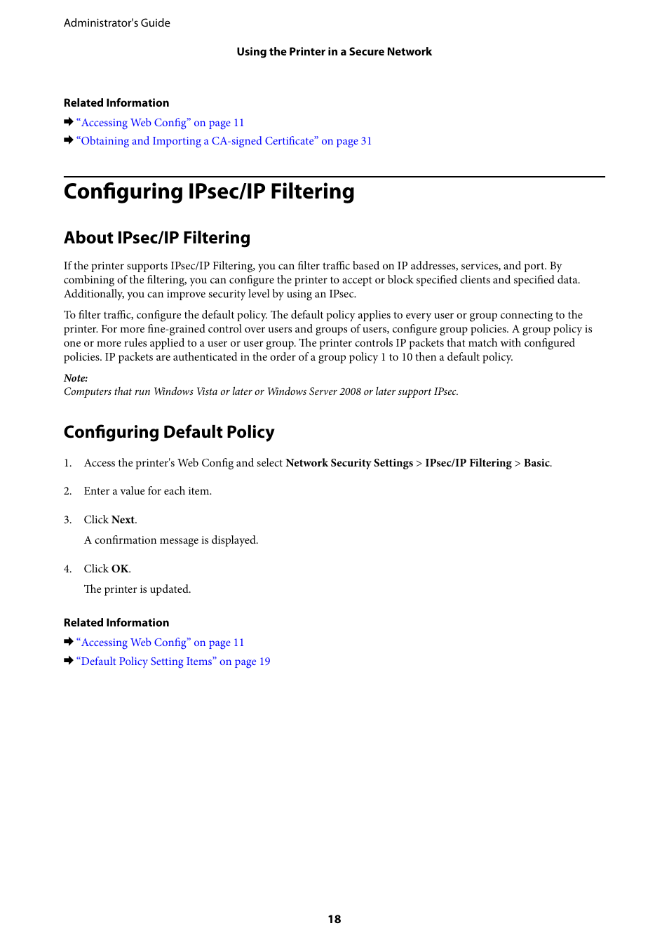 Configuring ipsec/ip filtering, About ipsec/ip filtering, Configuring default policy | Epson WorkForce Pro WF-R8590 DTWF User Manual | Page 18 / 69