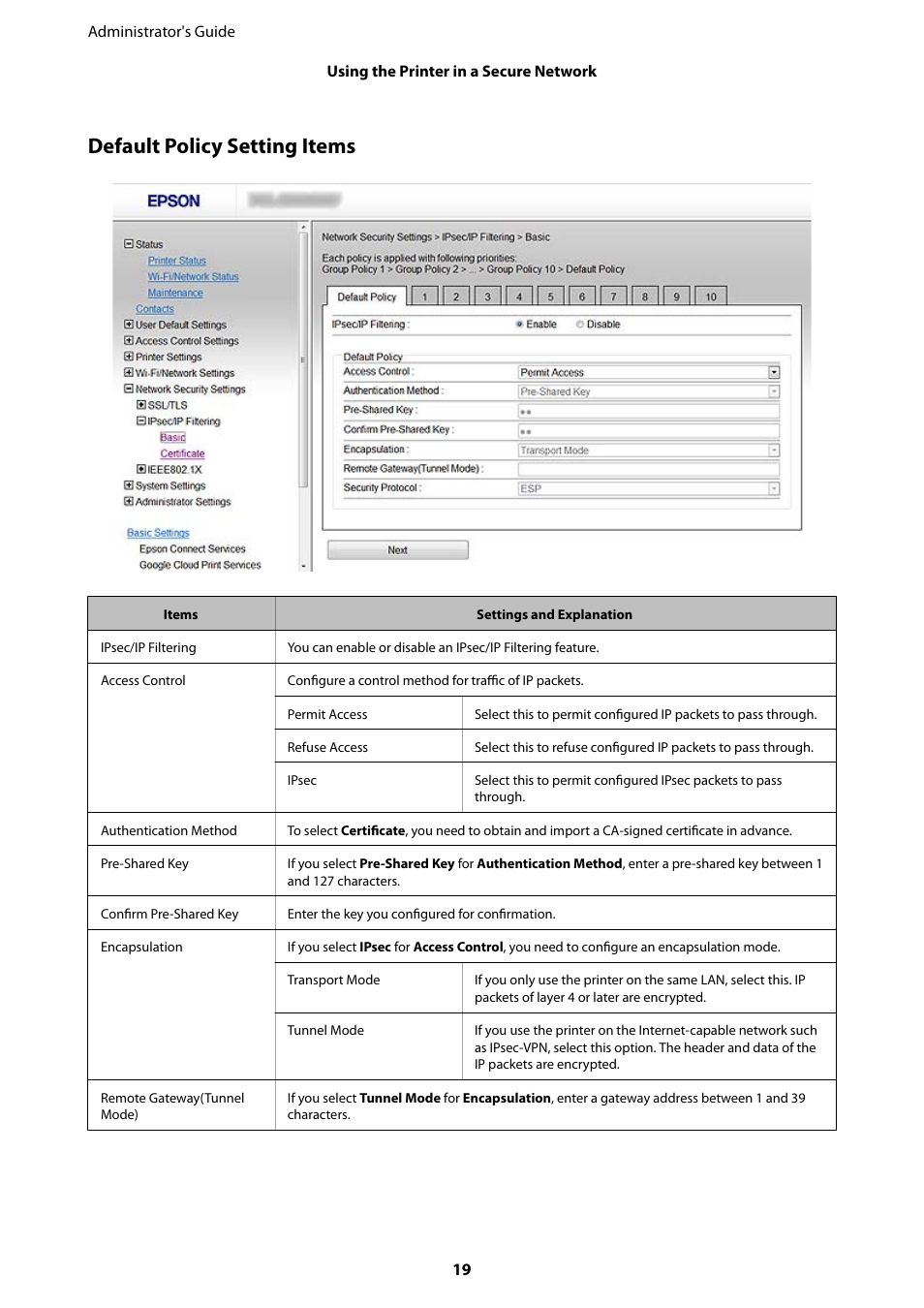 Default policy setting items | Epson WorkForce Pro WF-R8590 DTWF User Manual | Page 19 / 69