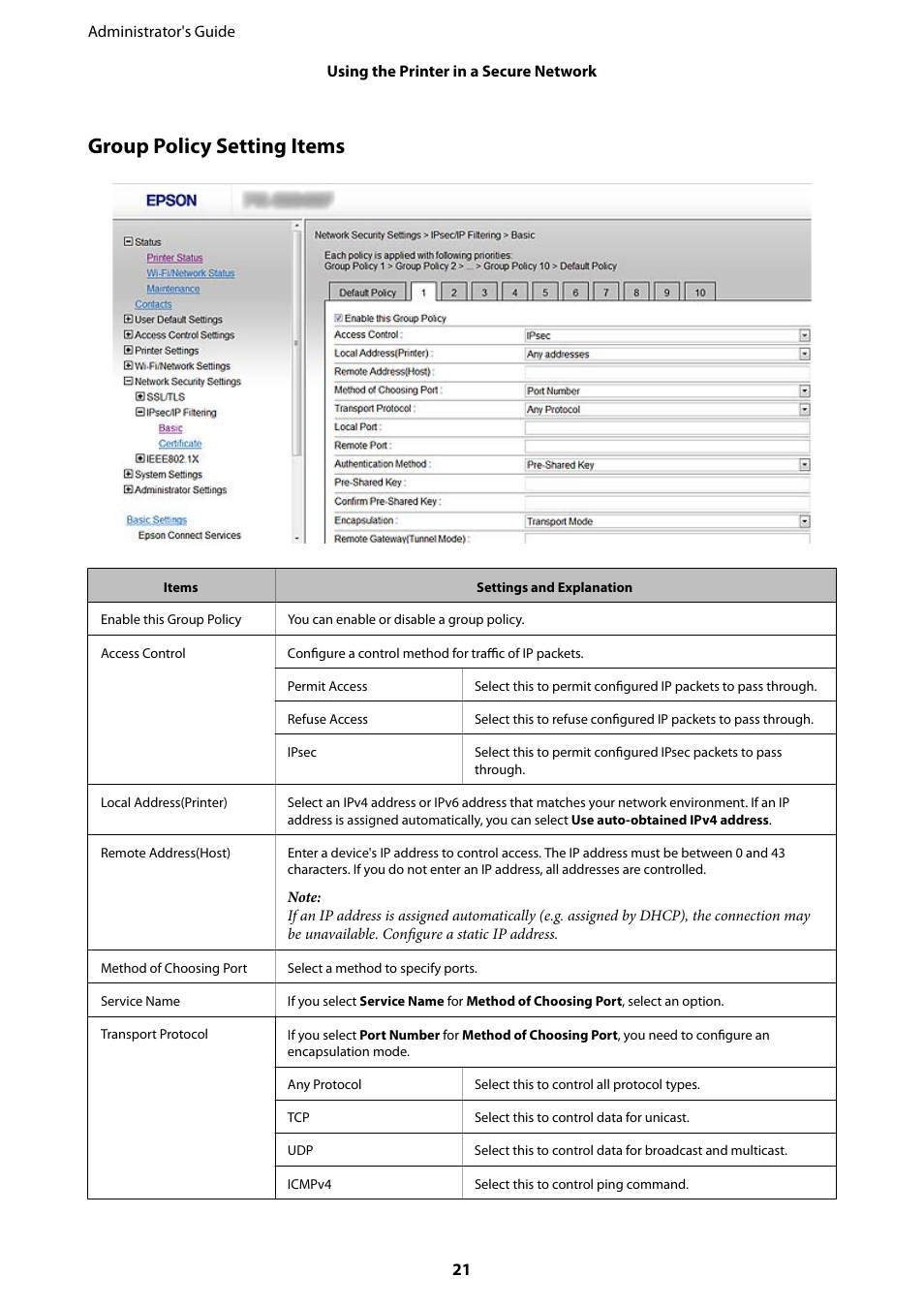 Group policy setting items | Epson WorkForce Pro WF-R8590 DTWF User Manual | Page 21 / 69