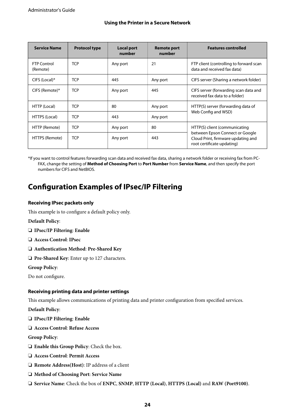 Configuration examples of ipsec/ip filtering | Epson WorkForce Pro WF-R8590 DTWF User Manual | Page 24 / 69