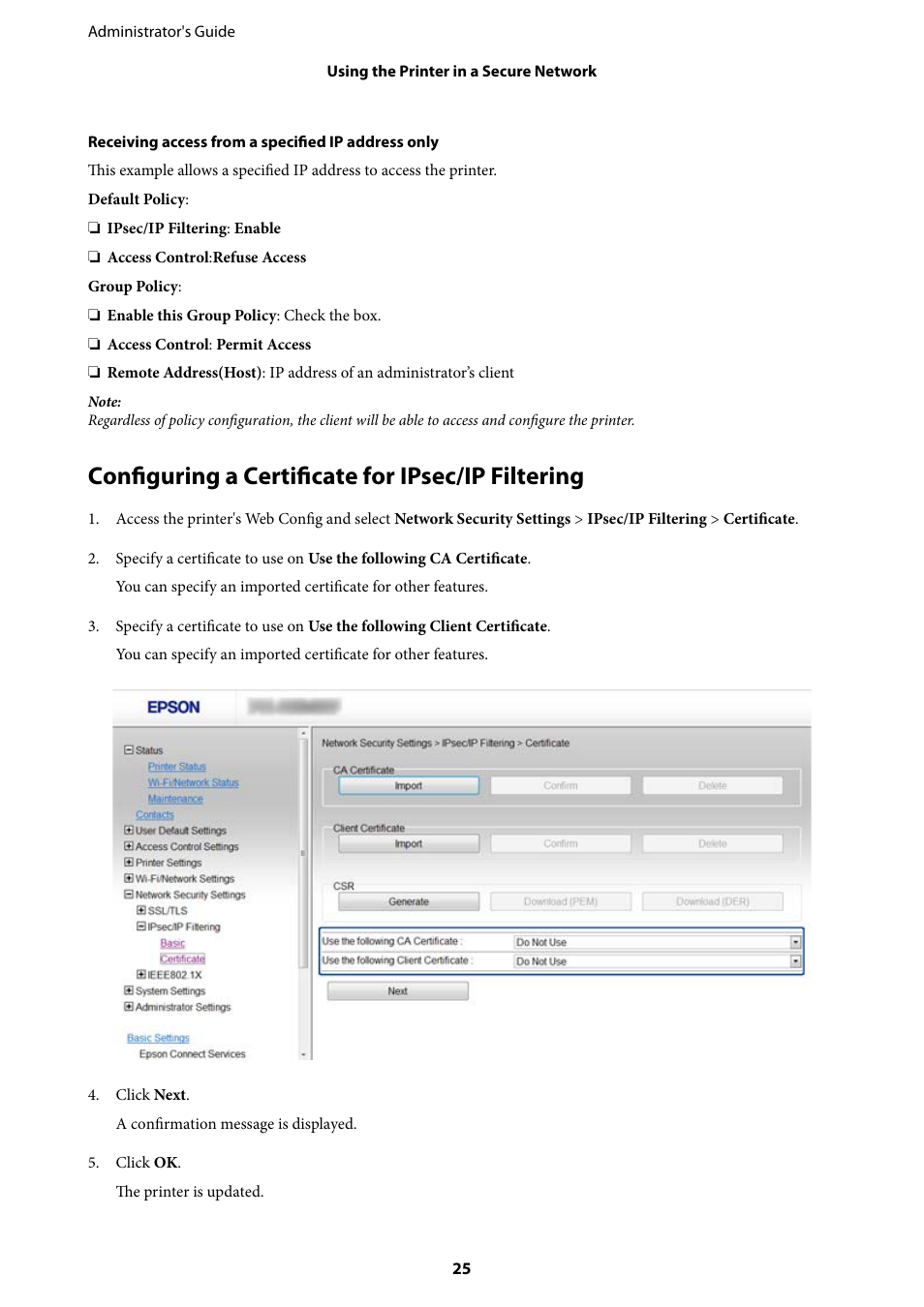 Configuring a certificate for ipsec/ip filtering | Epson WorkForce Pro WF-R8590 DTWF User Manual | Page 25 / 69
