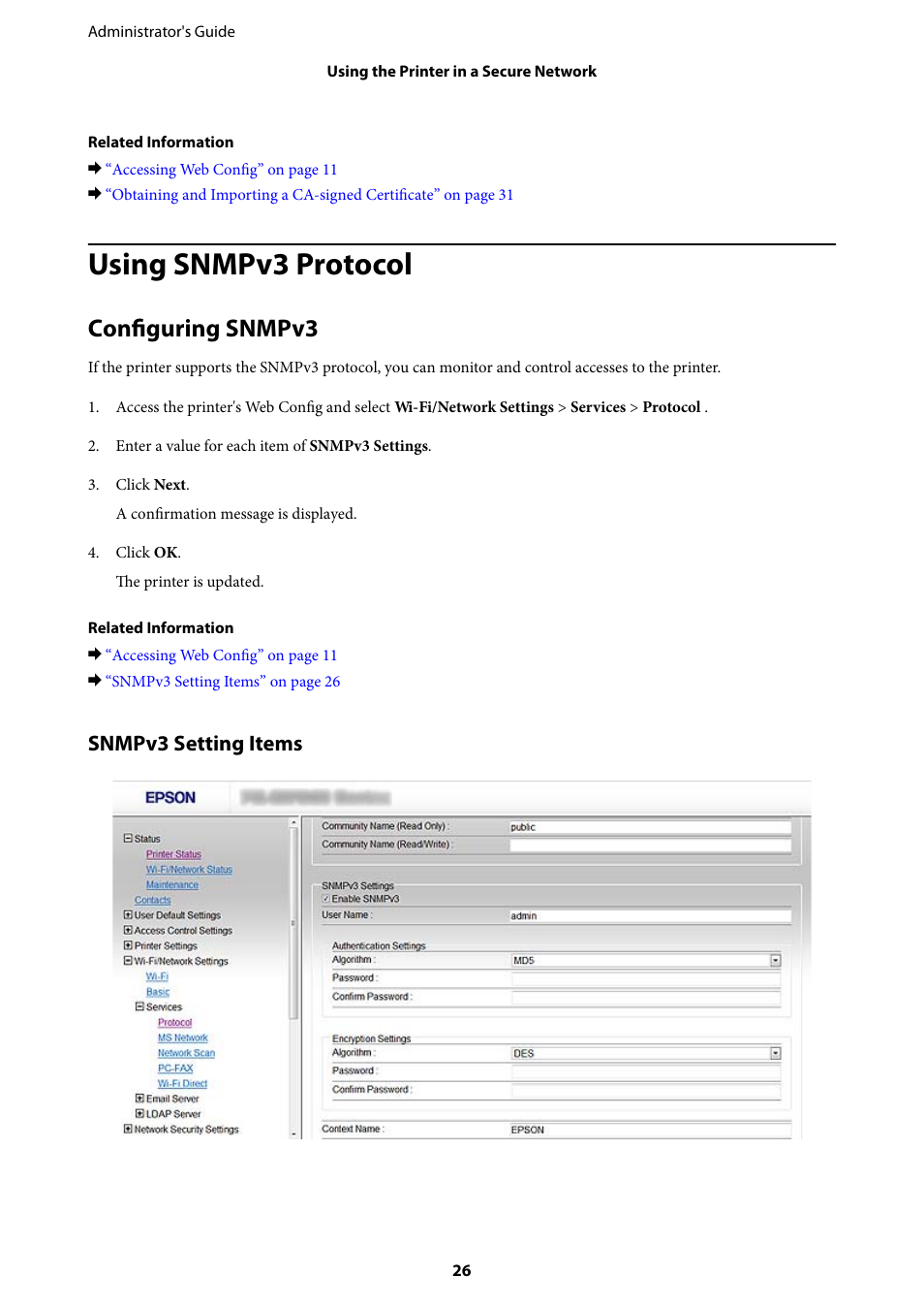 Using snmpv3 protocol, Configuring snmpv3, Snmpv3 setting items | Epson WorkForce Pro WF-R8590 DTWF User Manual | Page 26 / 69