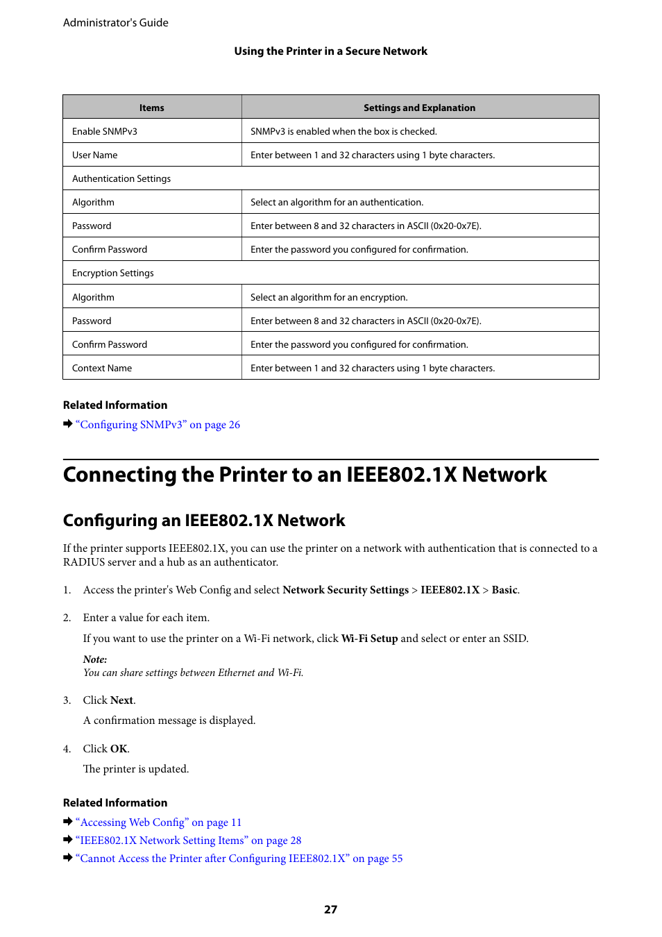 Connecting the printer to an ieee802.1x network, Configuring an ieee802.1x network | Epson WorkForce Pro WF-R8590 DTWF User Manual | Page 27 / 69