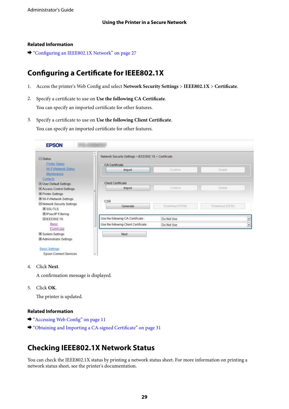 Configuring a certificate for ieee802.1x, Checking ieee802.1x network status | Epson WorkForce Pro WF-R8590 DTWF User Manual | Page 29 / 69