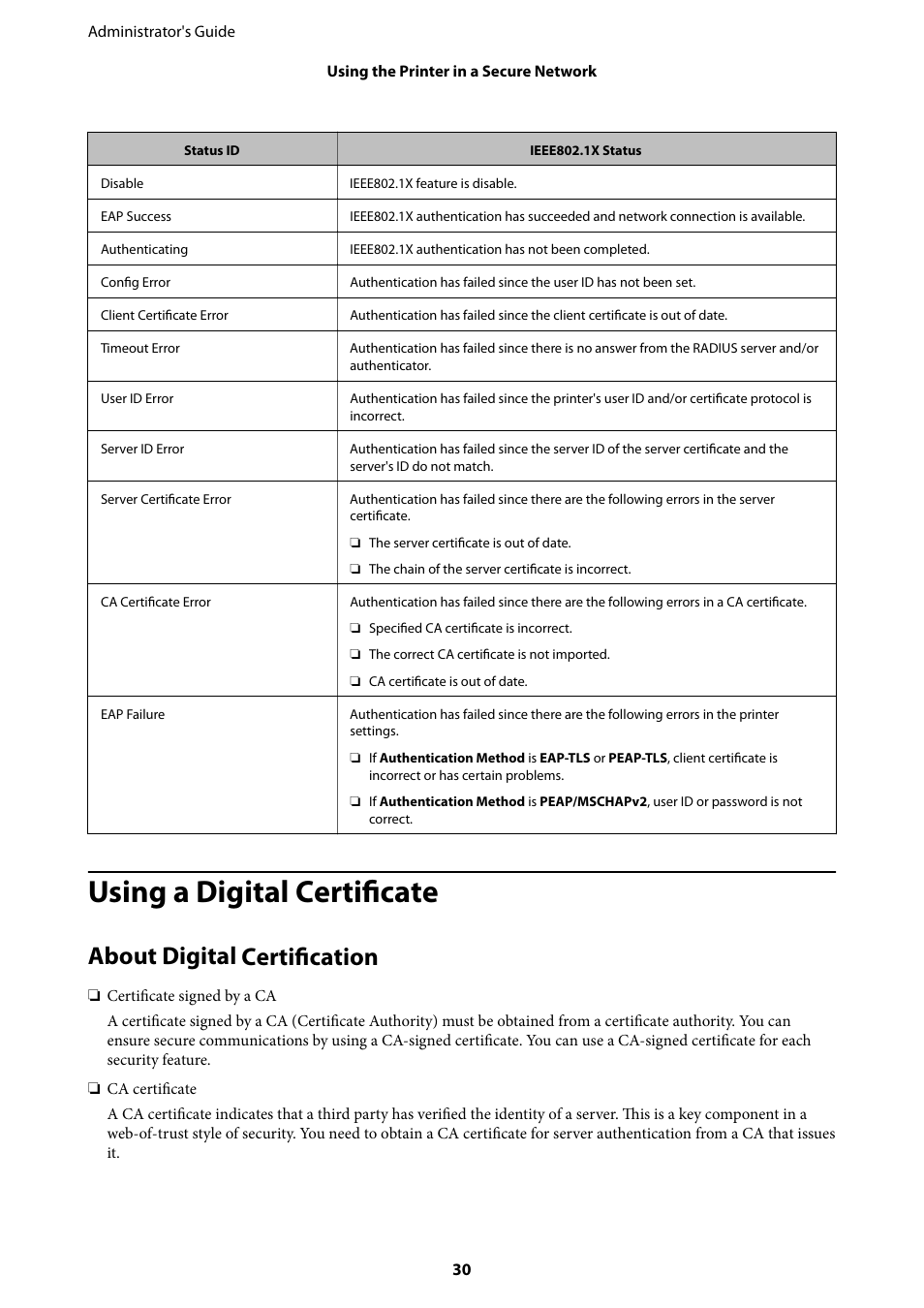 Using a digital certificate, About digital certification | Epson WorkForce Pro WF-R8590 DTWF User Manual | Page 30 / 69