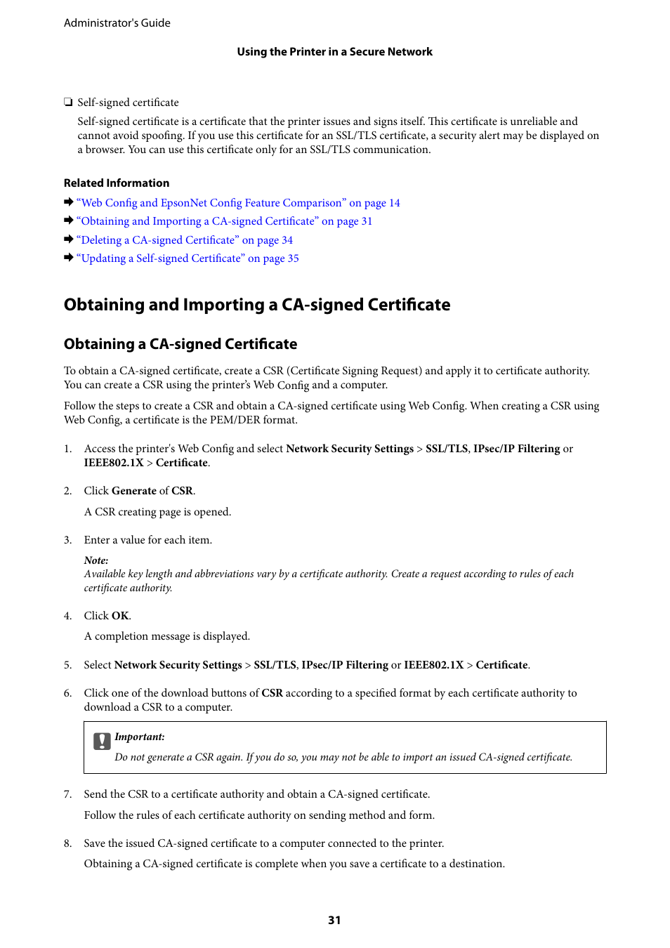 Obtaining and importing a ca-signed certificate, Obtaining a ca-signed certificate | Epson WorkForce Pro WF-R8590 DTWF User Manual | Page 31 / 69