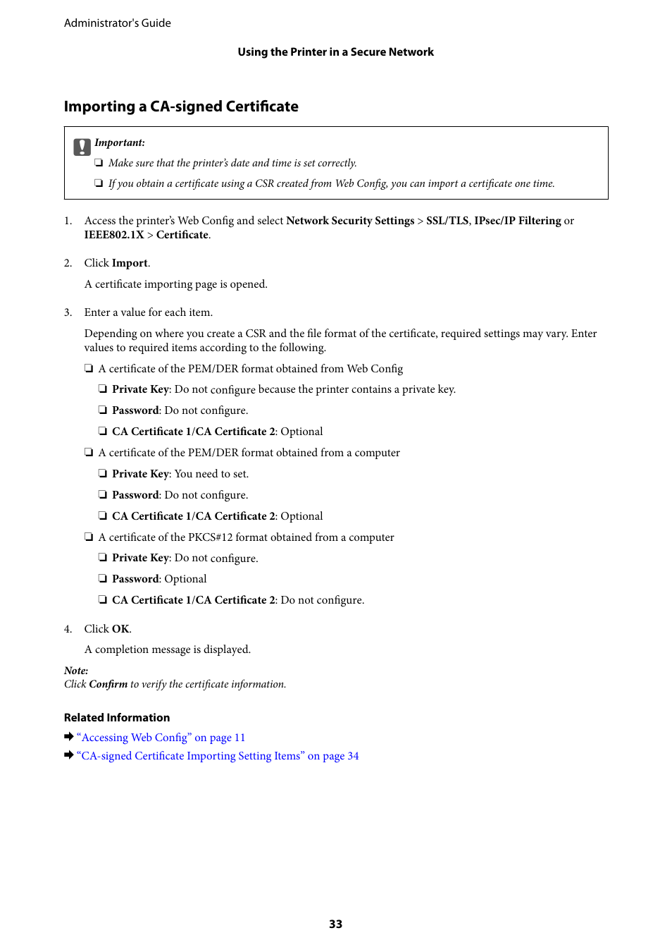 Importing a ca-signed certificate | Epson WorkForce Pro WF-R8590 DTWF User Manual | Page 33 / 69