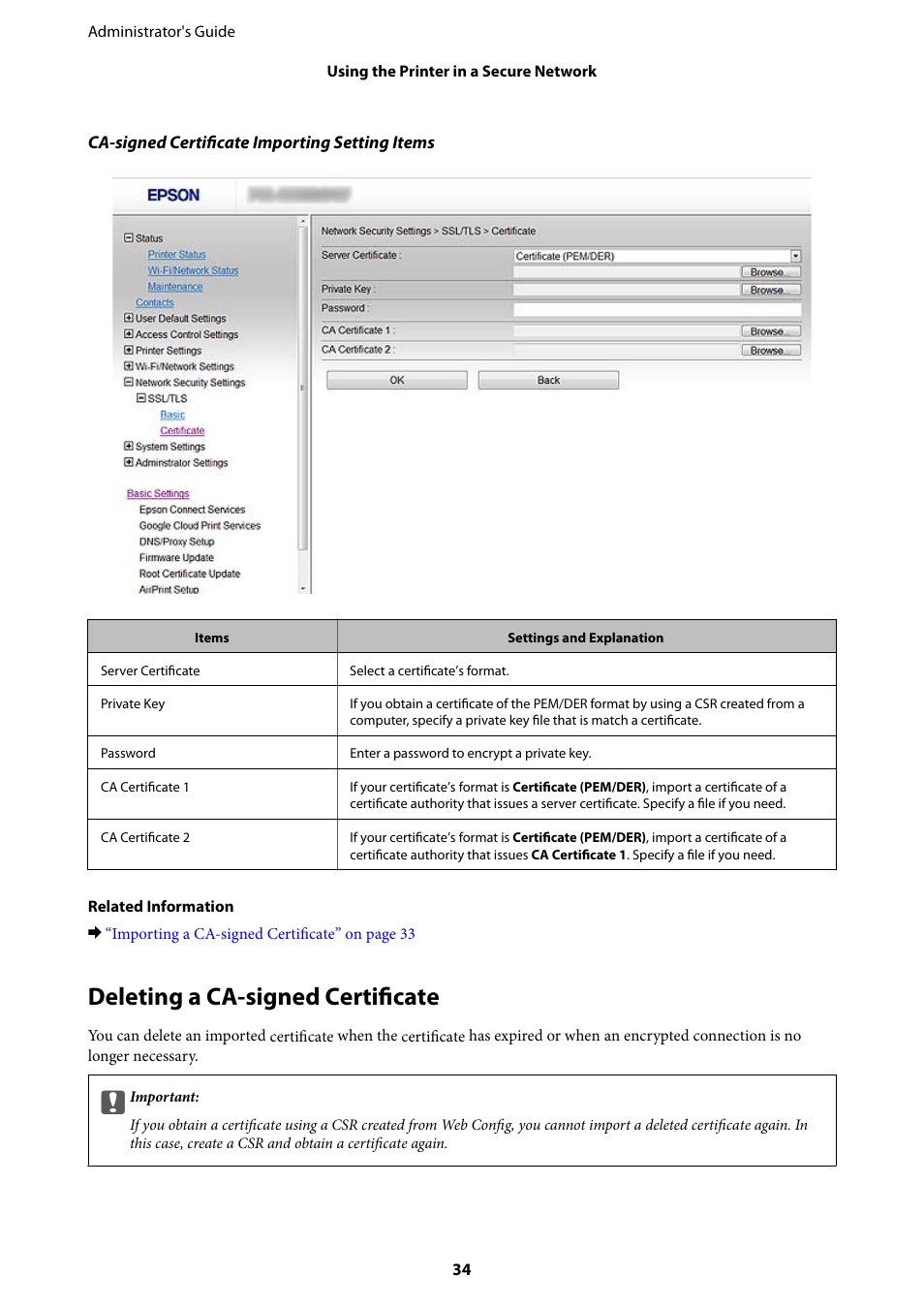 Deleting a ca-signed certificate | Epson WorkForce Pro WF-R8590 DTWF User Manual | Page 34 / 69