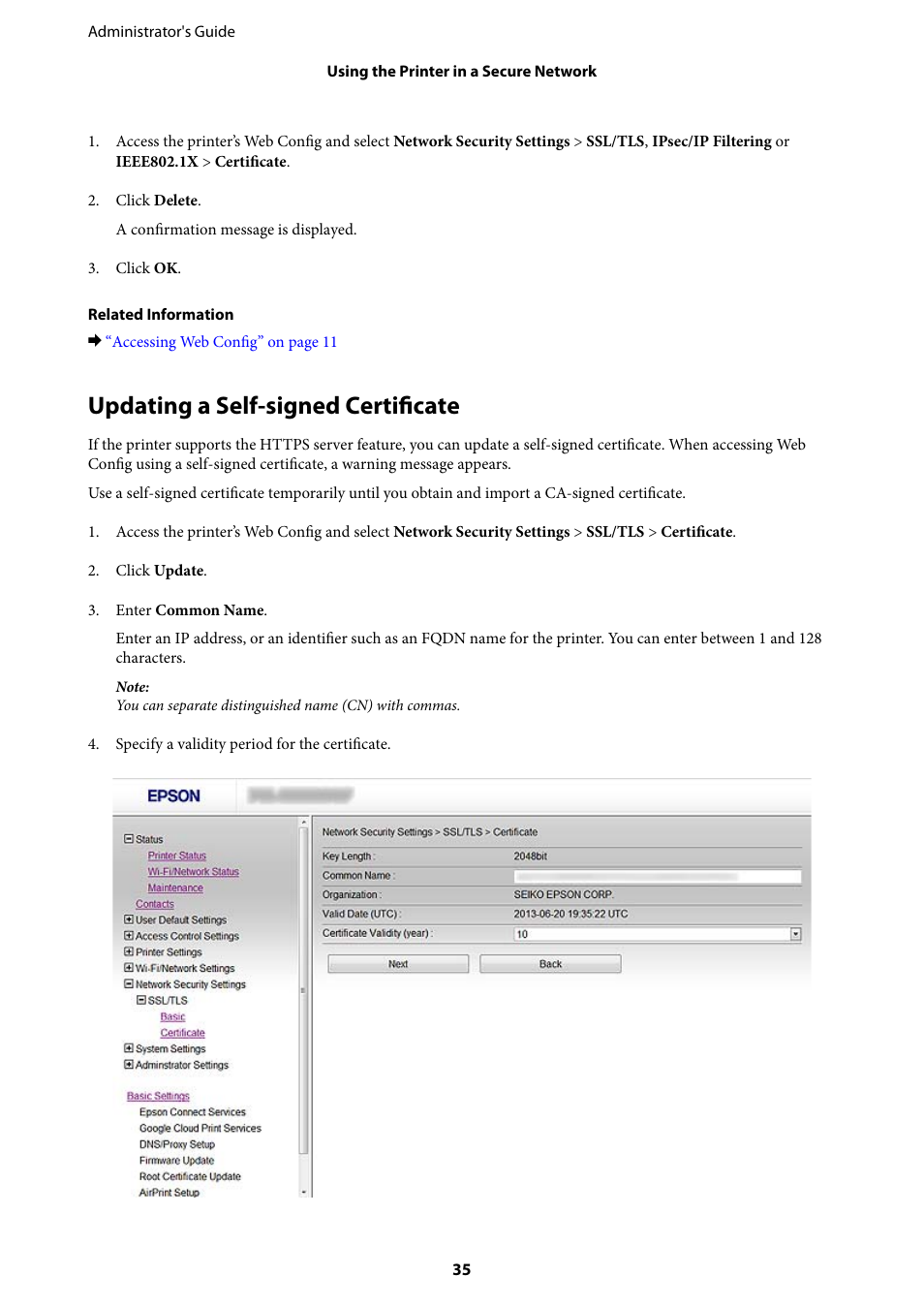Updating a self-signed certificate | Epson WorkForce Pro WF-R8590 DTWF User Manual | Page 35 / 69