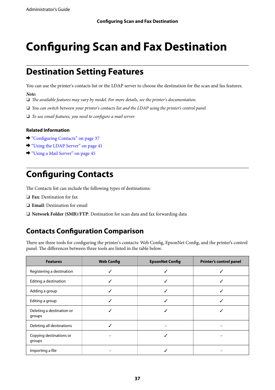 Configuring scan and fax destination, Destination setting features, Configuring contacts | Contacts configuration comparison | Epson WorkForce Pro WF-R8590 DTWF User Manual | Page 37 / 69