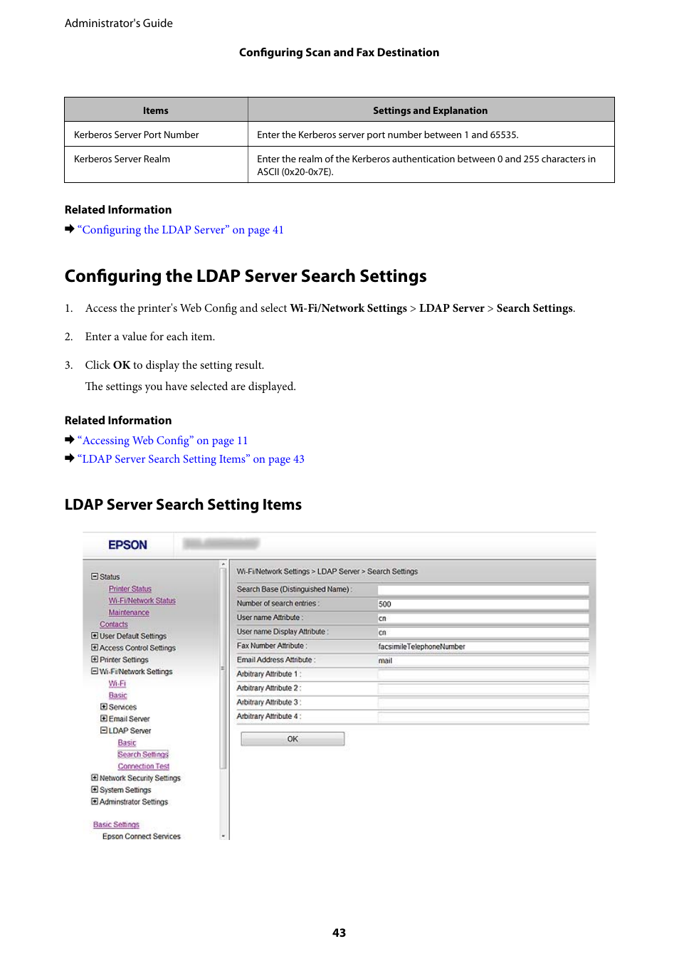 Configuring the ldap server search settings, Ldap server search setting items | Epson WorkForce Pro WF-R8590 DTWF User Manual | Page 43 / 69