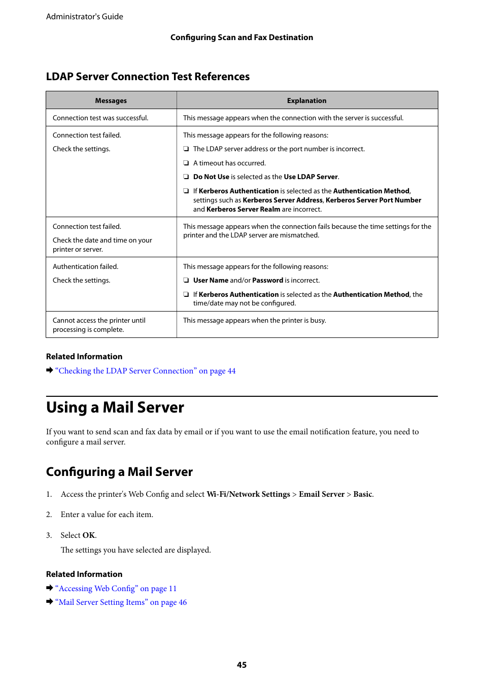 Using a mail server, Configuring a mail server, Ldap server connection test references | Epson WorkForce Pro WF-R8590 DTWF User Manual | Page 45 / 69