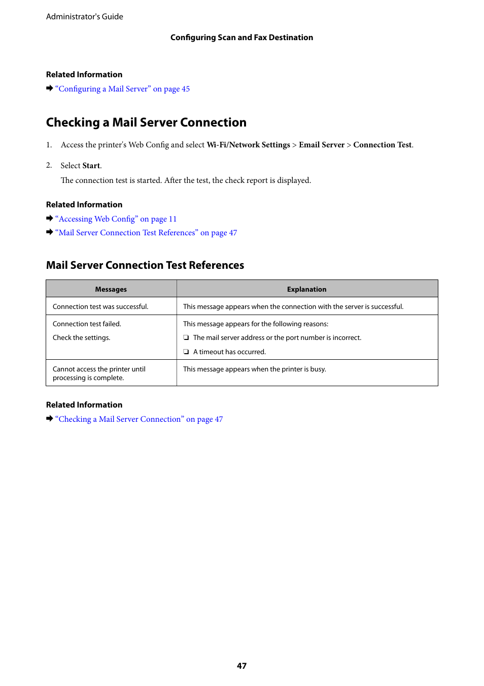 Checking a mail server connection, Mail server connection test references | Epson WorkForce Pro WF-R8590 DTWF User Manual | Page 47 / 69