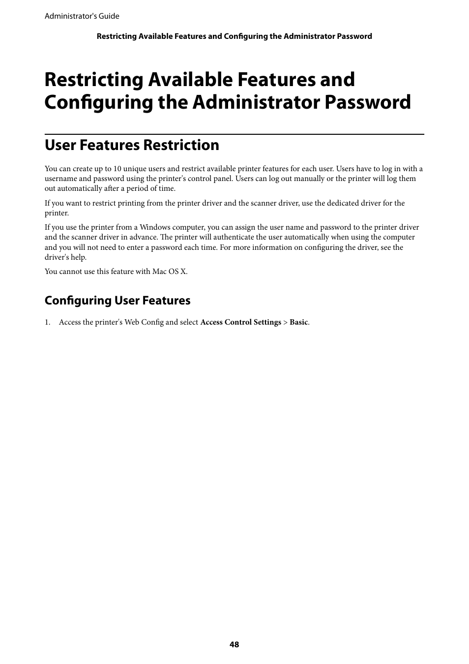 User features restriction, Configuring user features | Epson WorkForce Pro WF-R8590 DTWF User Manual | Page 48 / 69