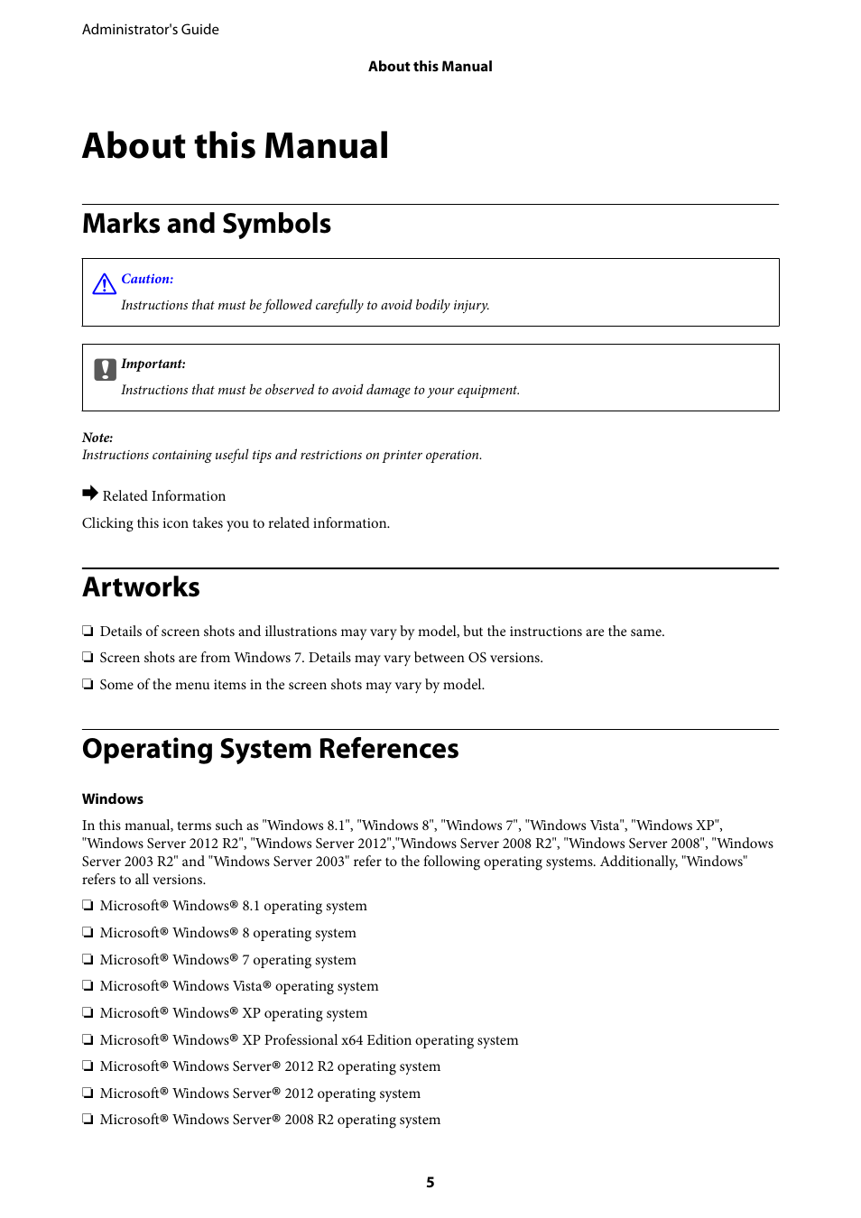 About this manual, Marks and symbols, Artworks | Operating system references | Epson WorkForce Pro WF-R8590 DTWF User Manual | Page 5 / 69