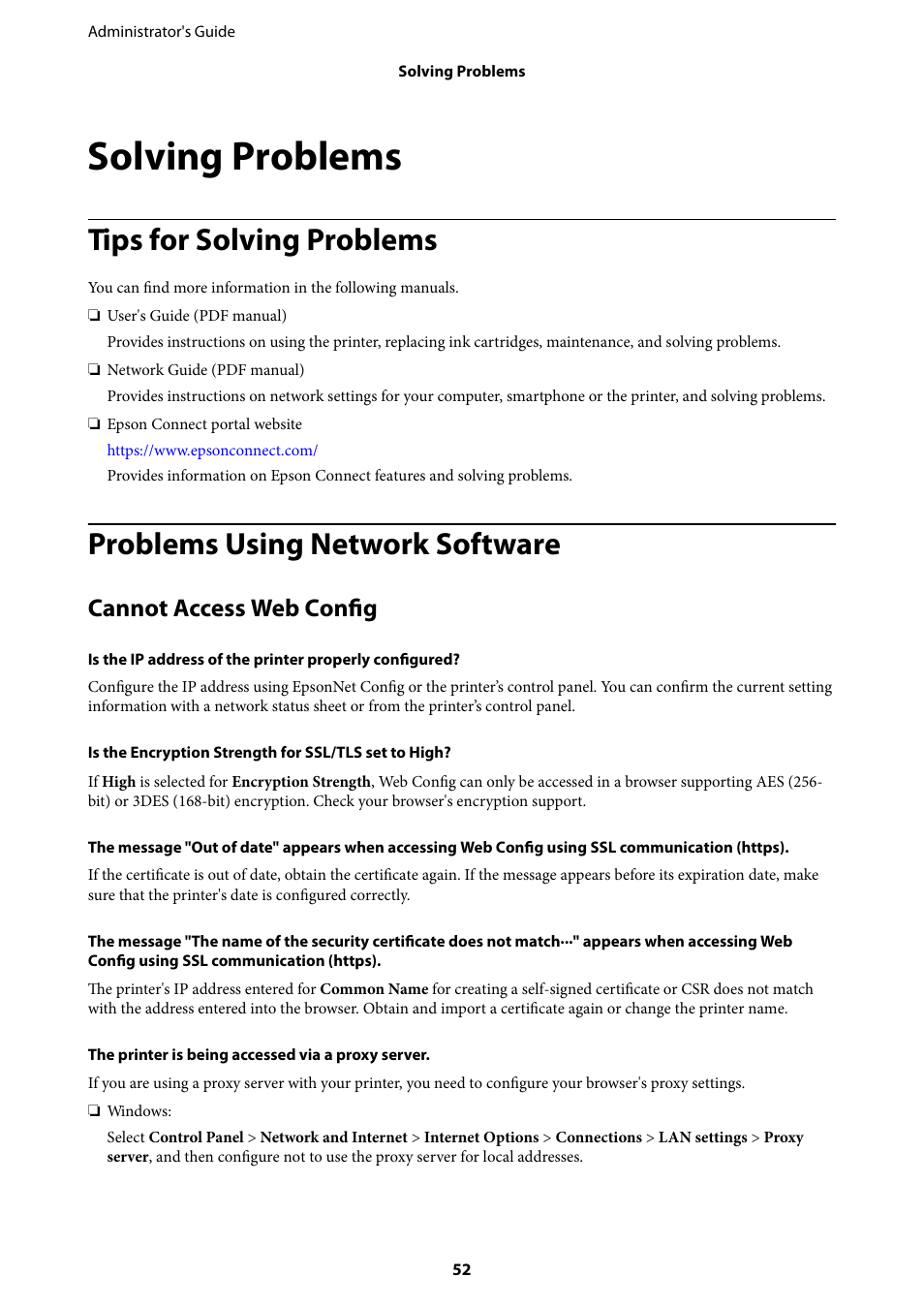 Solving problems, Tips for solving problems, Problems using network software | Cannot access web config | Epson WorkForce Pro WF-R8590 DTWF User Manual | Page 52 / 69
