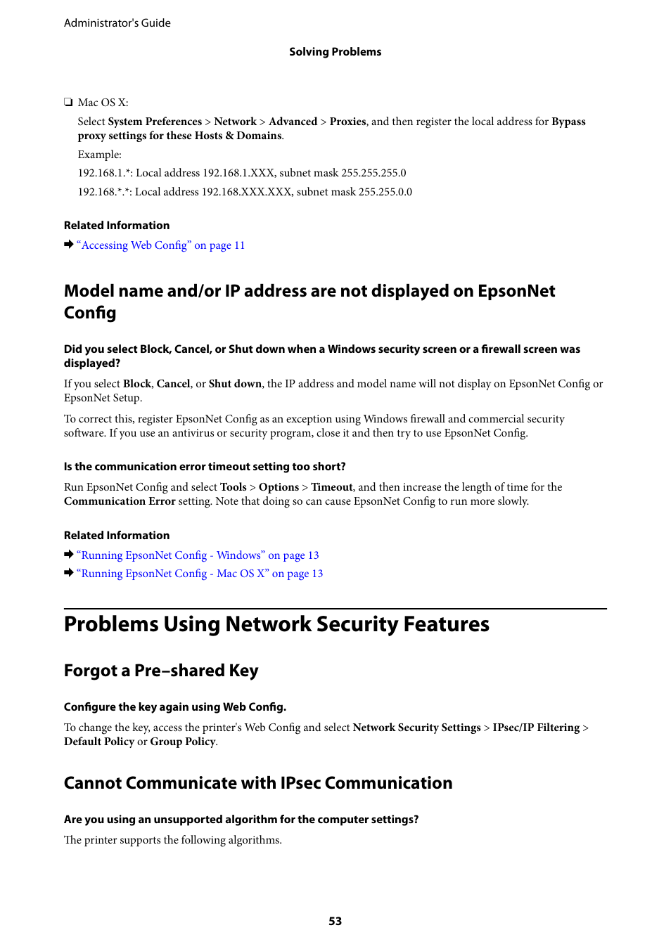 Problems using network security features, Forgot a pre–shared key, Cannot communicate with ipsec communication | Epson WorkForce Pro WF-R8590 DTWF User Manual | Page 53 / 69