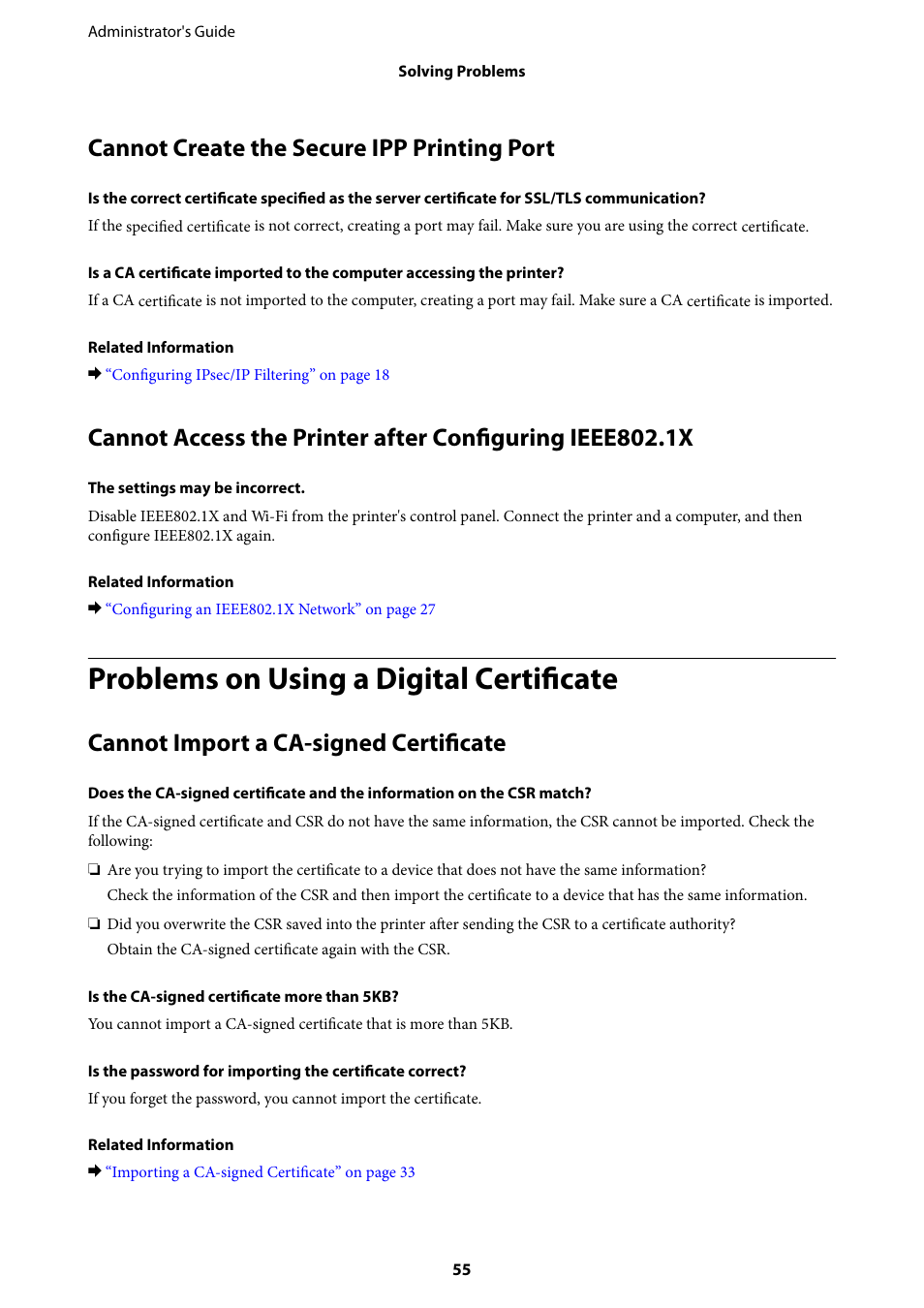 Cannot create the secure ipp printing port, Problems on using a digital certificate, Cannot import a ca-signed certificate | Epson WorkForce Pro WF-R8590 DTWF User Manual | Page 55 / 69