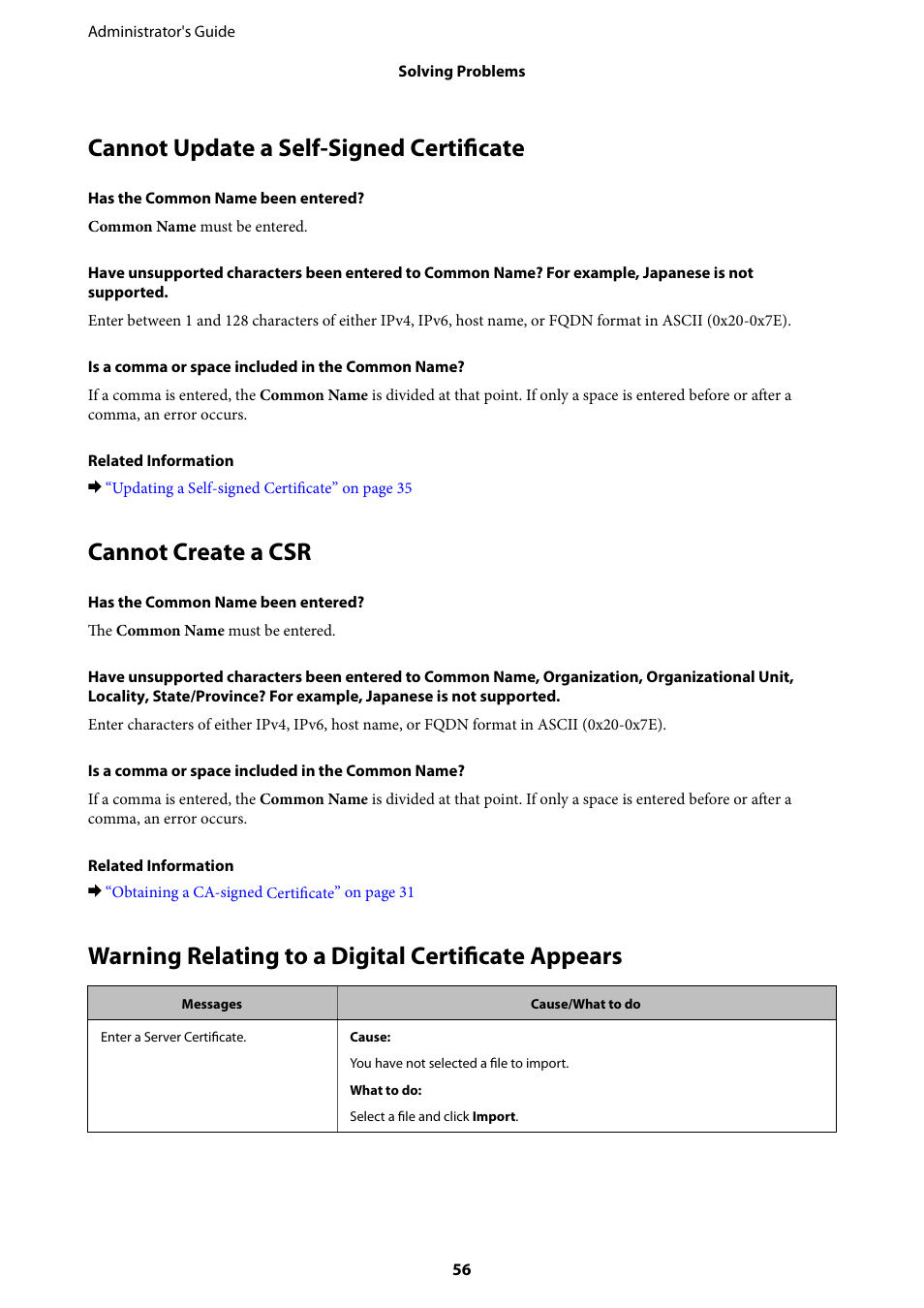 Cannot update a self-signed certificate, Cannot create a csr, Warning relating to a digital certificate appears | Epson WorkForce Pro WF-R8590 DTWF User Manual | Page 56 / 69