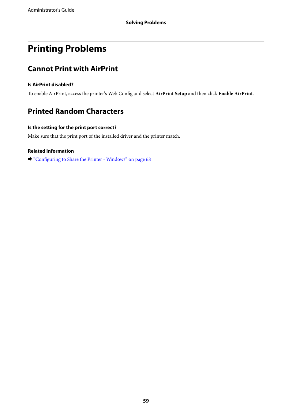 Printing problems, Cannot print with airprint, Printed random characters | Epson WorkForce Pro WF-R8590 DTWF User Manual | Page 59 / 69