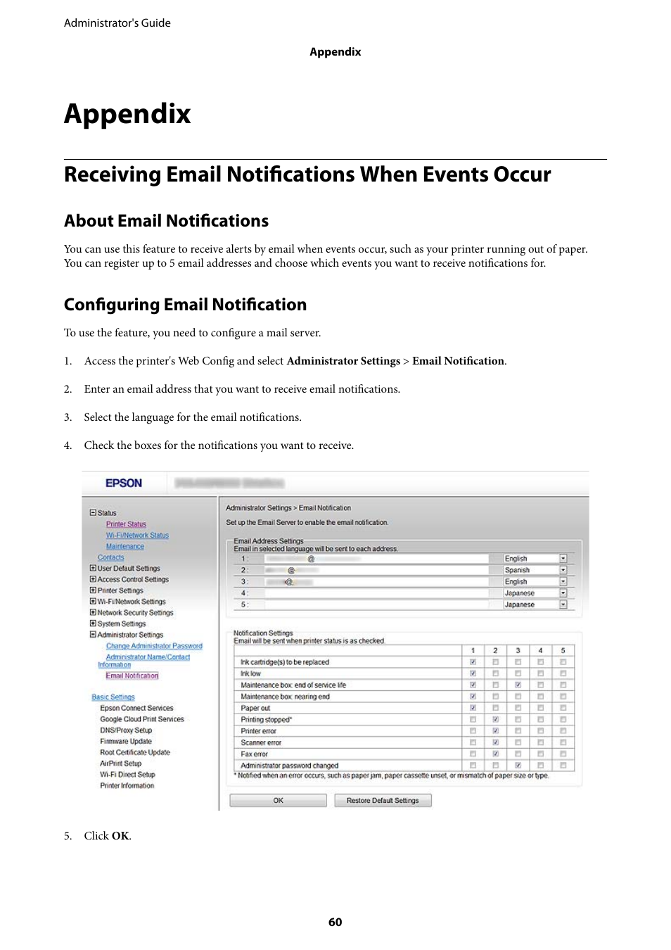 Appendix, Receiving email notifications when events occur, About email notifications | Configuring email notification | Epson WorkForce Pro WF-R8590 DTWF User Manual | Page 60 / 69