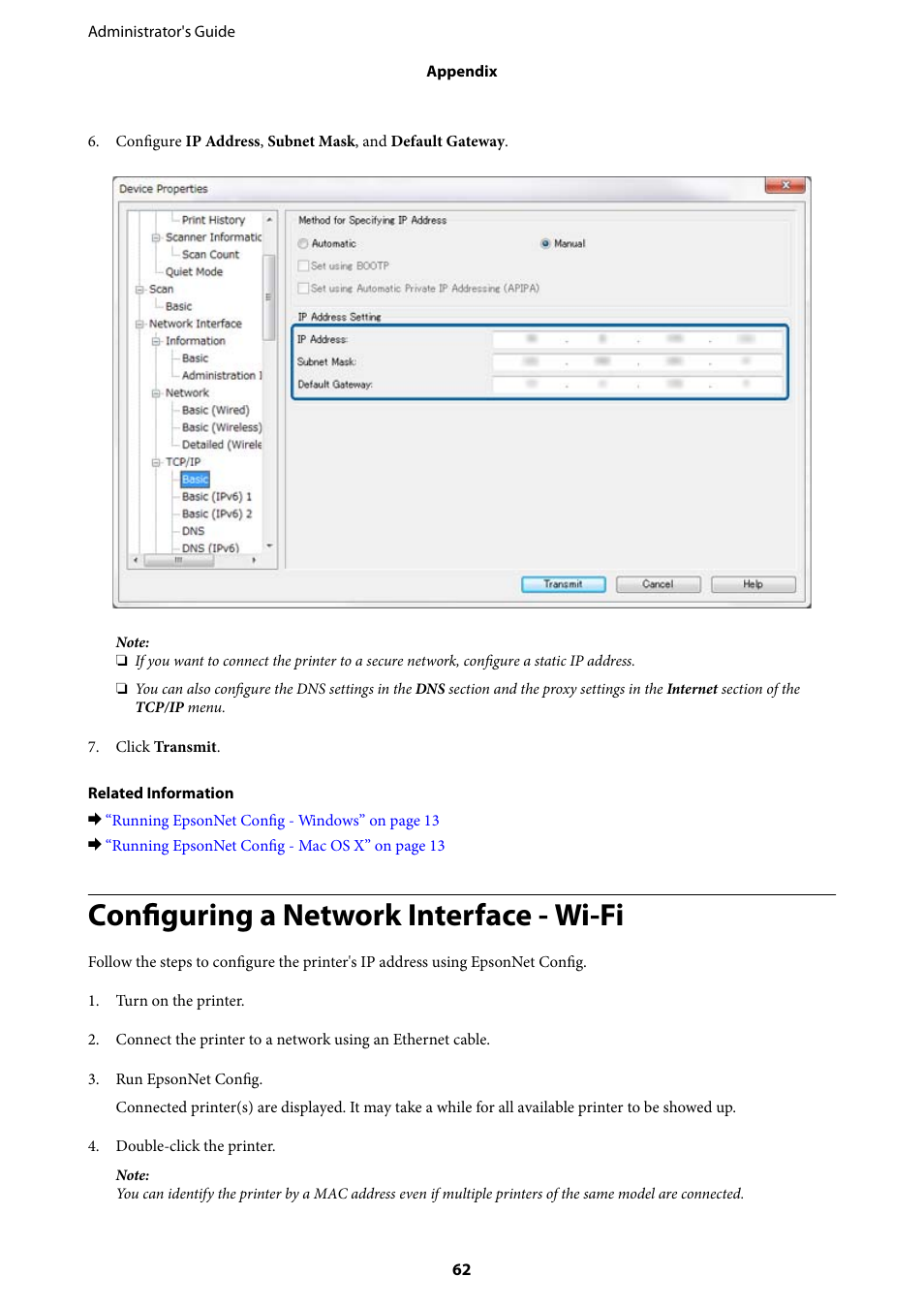 Configuring a network interface - wi-fi | Epson WorkForce Pro WF-R8590 DTWF User Manual | Page 62 / 69