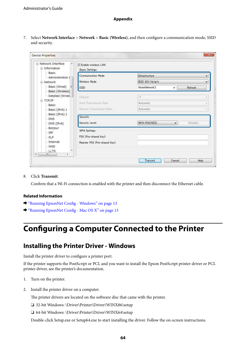 Configuring a computer connected to the printer, Installing the printer driver - windows | Epson WorkForce Pro WF-R8590 DTWF User Manual | Page 64 / 69