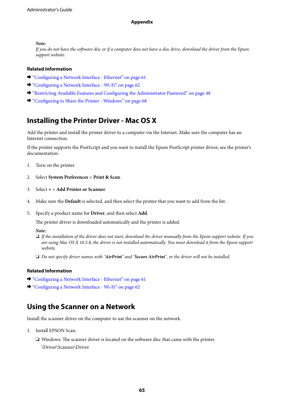 Installing the printer driver - mac os x, Using the scanner on a network | Epson WorkForce Pro WF-R8590 DTWF User Manual | Page 65 / 69
