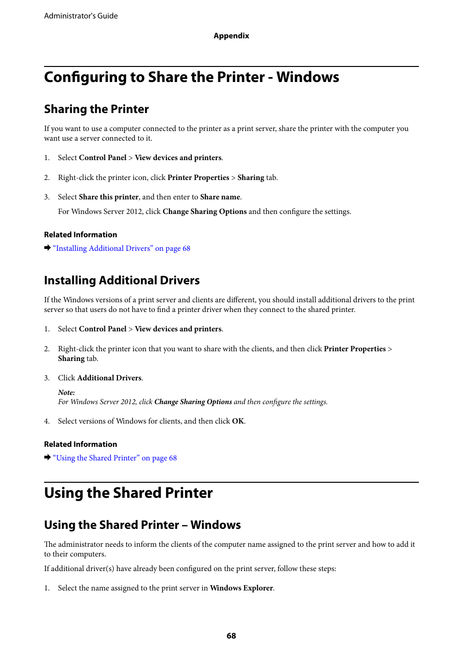 Configuring to share the printer - windows, Sharing the printer, Installing additional drivers | Using the shared printer, Using the shared printer – windows, Sharing the printer installing additional drivers | Epson WorkForce Pro WF-R8590 DTWF User Manual | Page 68 / 69