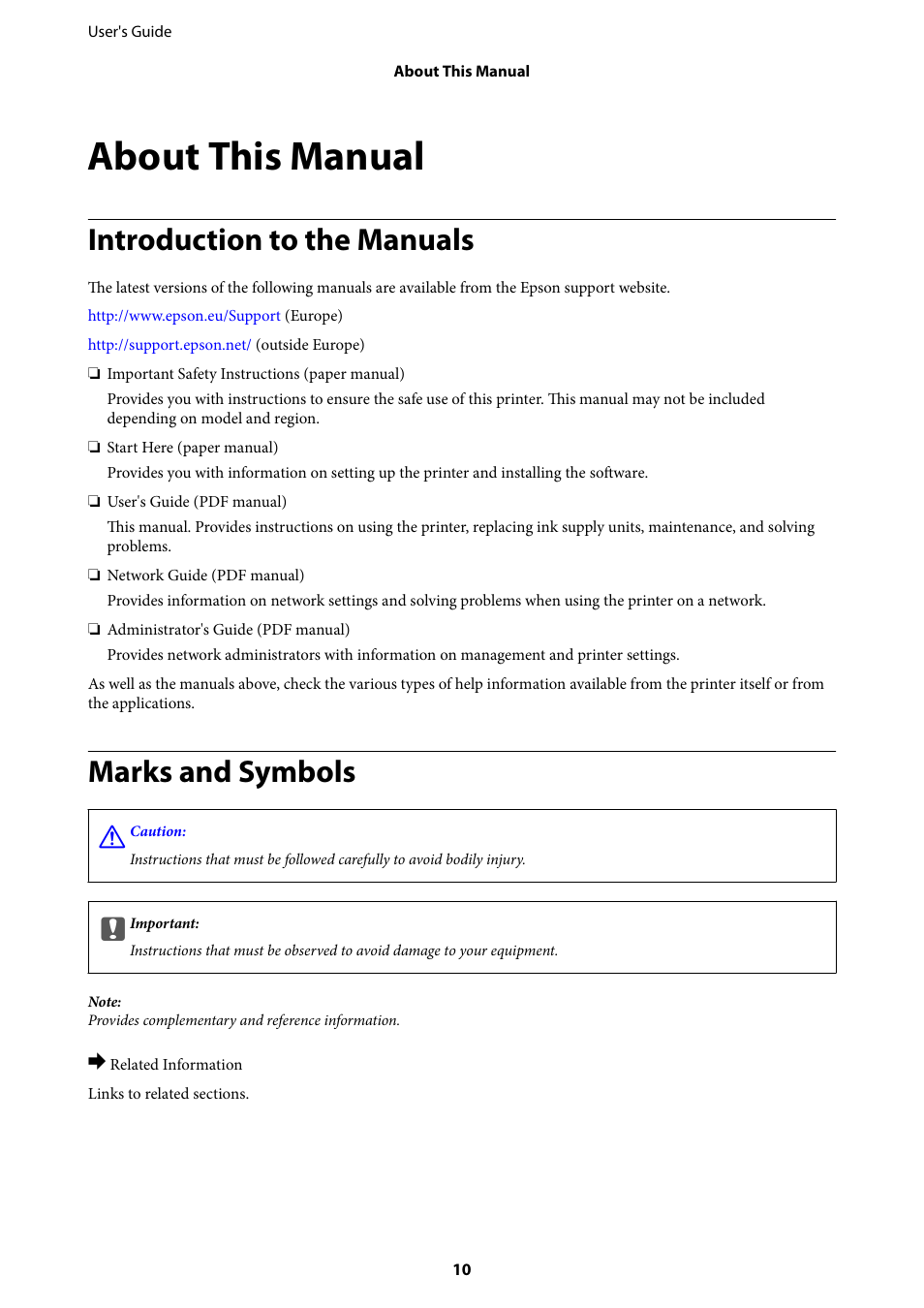 About this manual, Introduction to the manuals, Marks and symbols | Epson WorkForce Pro WF-R8590 DTWF User Manual | Page 10 / 243