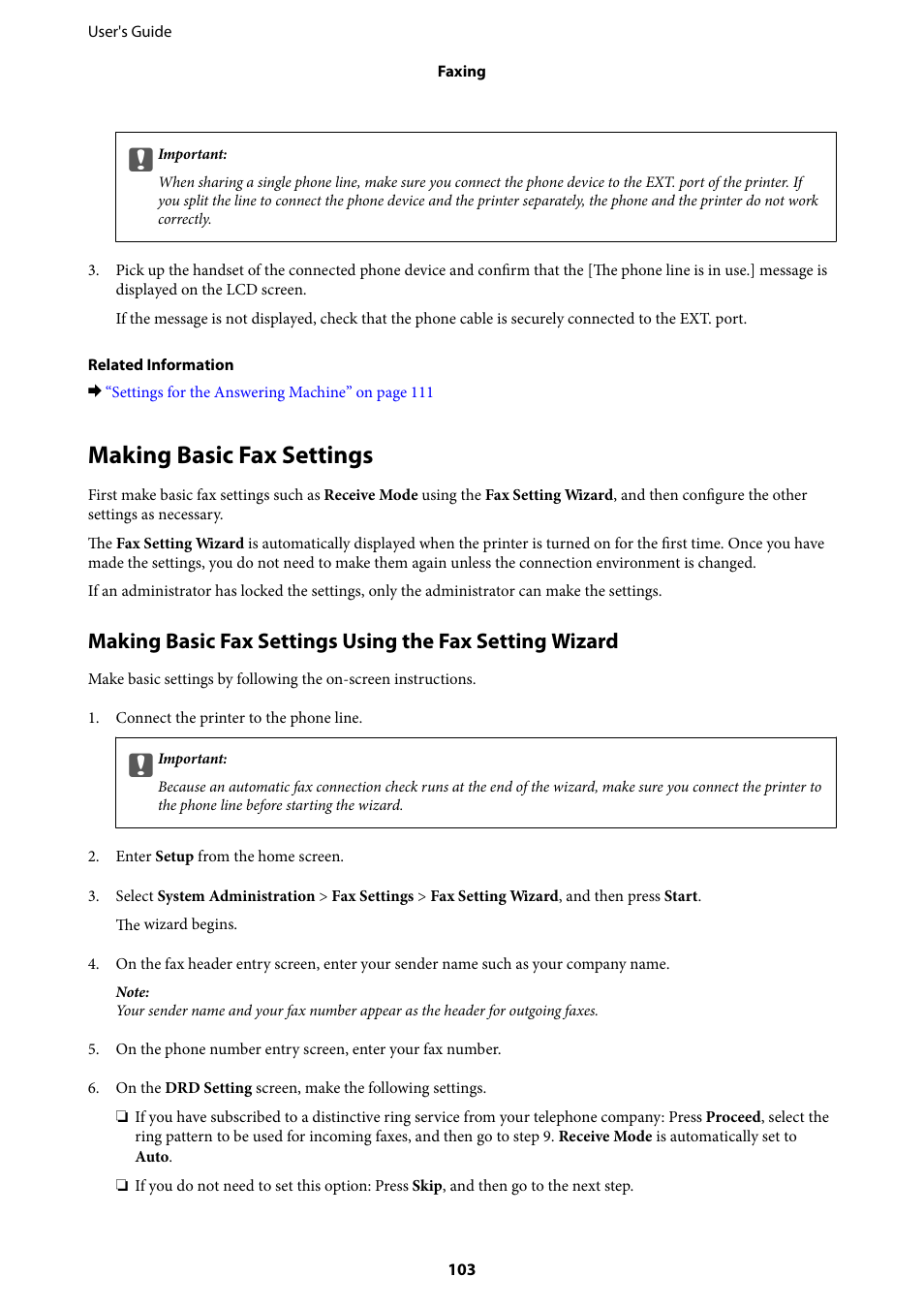 Making basic fax settings | Epson WorkForce Pro WF-R8590 DTWF User Manual | Page 103 / 243