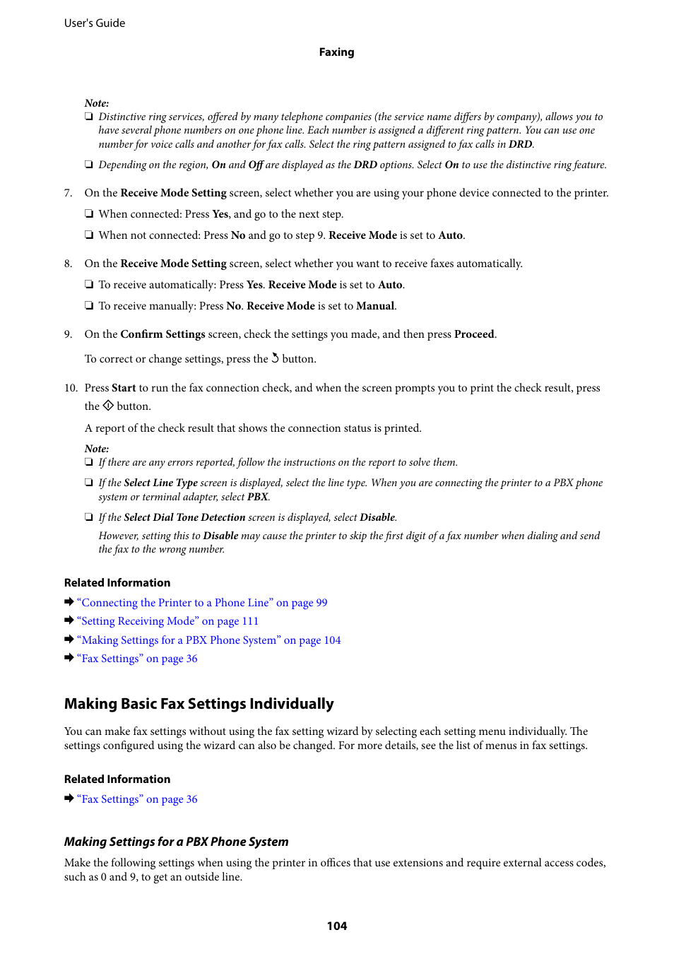 Making basic fax settings individually | Epson WorkForce Pro WF-R8590 DTWF User Manual | Page 104 / 243
