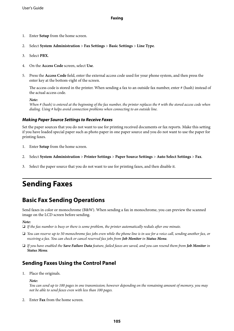 Sending faxes, Basic fax sending operations, Sending faxes using the control panel | Epson WorkForce Pro WF-R8590 DTWF User Manual | Page 105 / 243