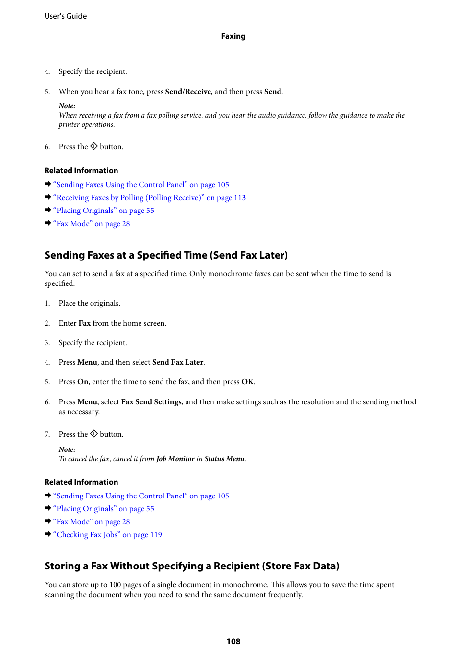 Sending faxes at a specified time (send fax later) | Epson WorkForce Pro WF-R8590 DTWF User Manual | Page 108 / 243