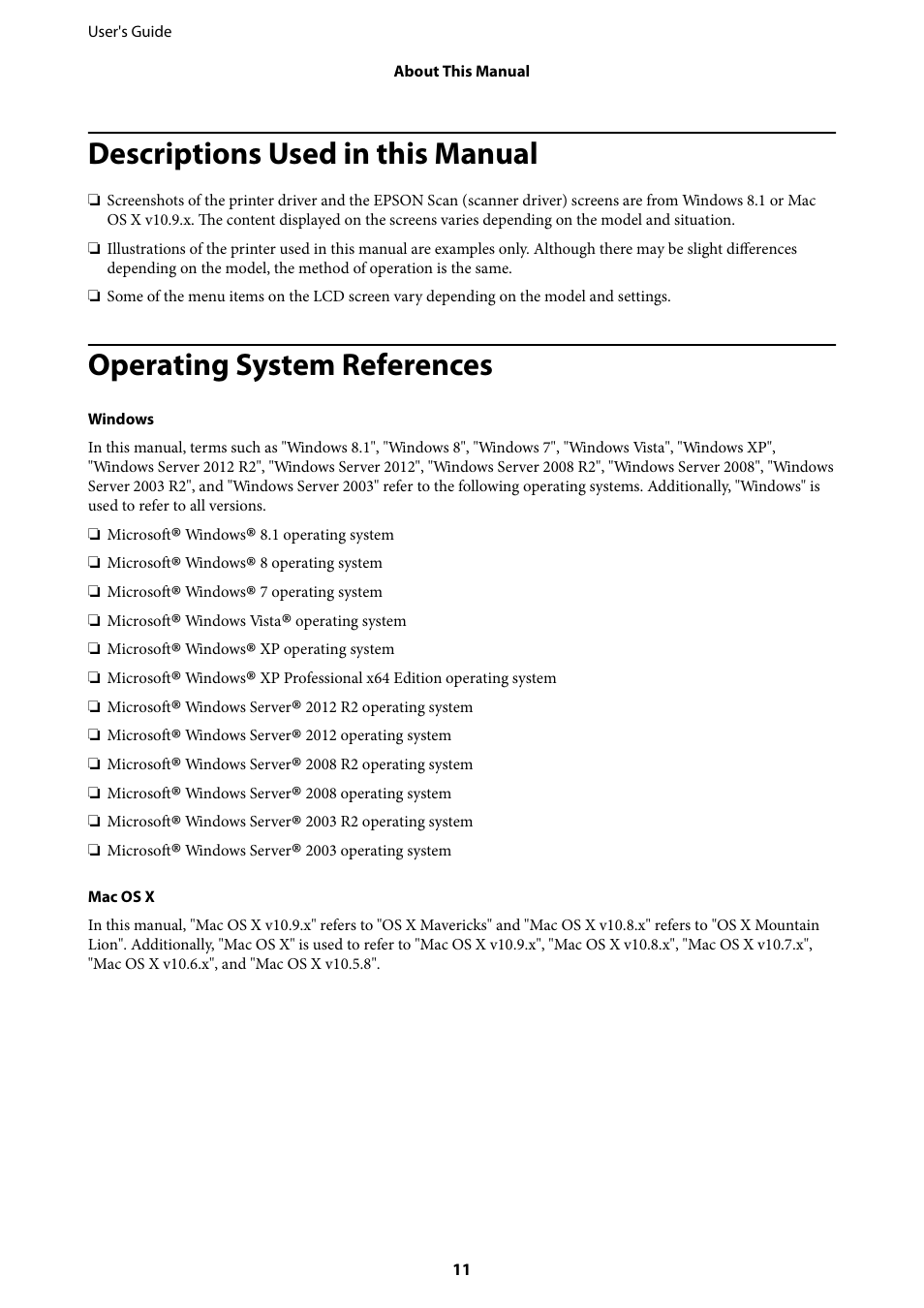 Descriptions used in this manual, Operating system references | Epson WorkForce Pro WF-R8590 DTWF User Manual | Page 11 / 243