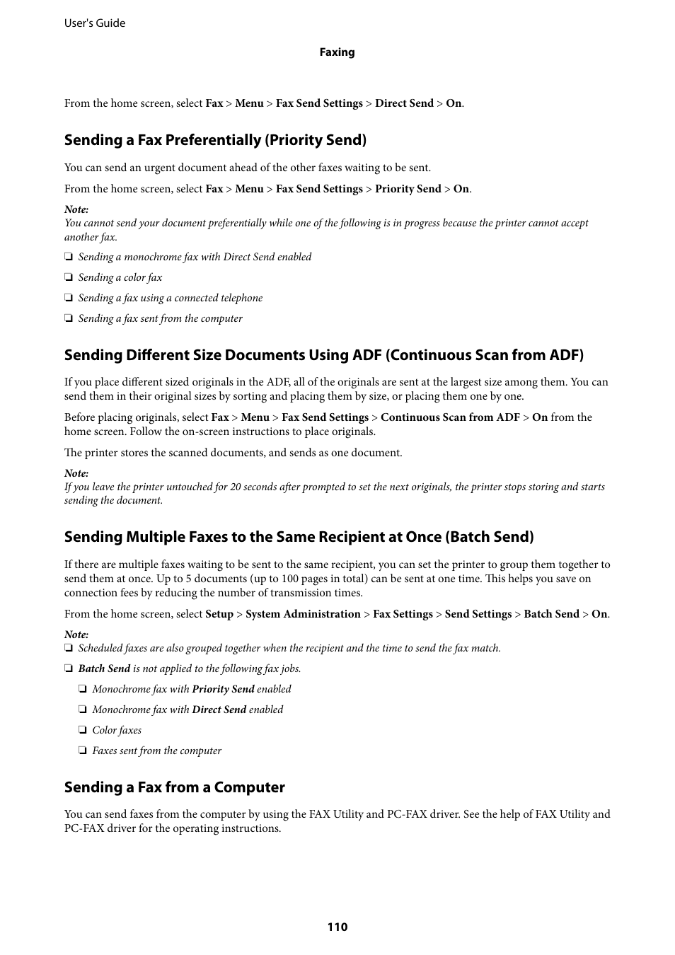 Sending a fax preferentially (priority send), Sending a fax from a computer | Epson WorkForce Pro WF-R8590 DTWF User Manual | Page 110 / 243