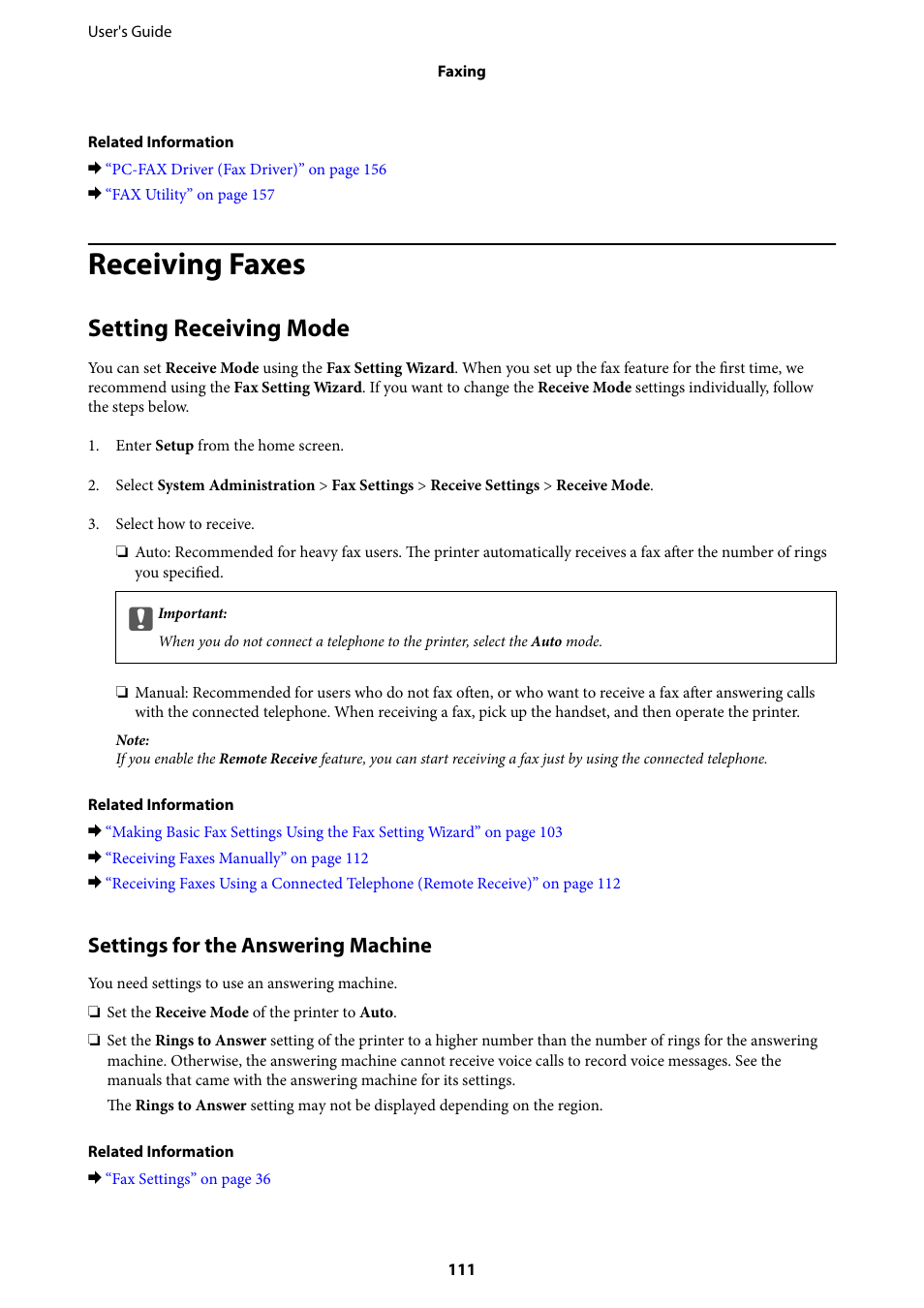 Receiving faxes, Setting receiving mode, Settings for the answering machine | Epson WorkForce Pro WF-R8590 DTWF User Manual | Page 111 / 243