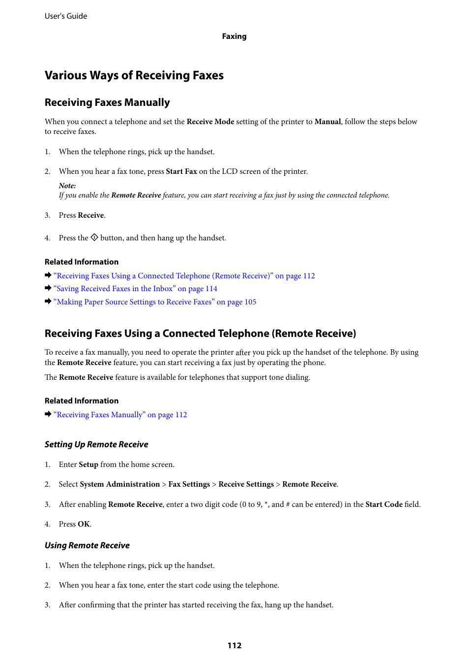 Various ways of receiving faxes, Receiving faxes manually | Epson WorkForce Pro WF-R8590 DTWF User Manual | Page 112 / 243