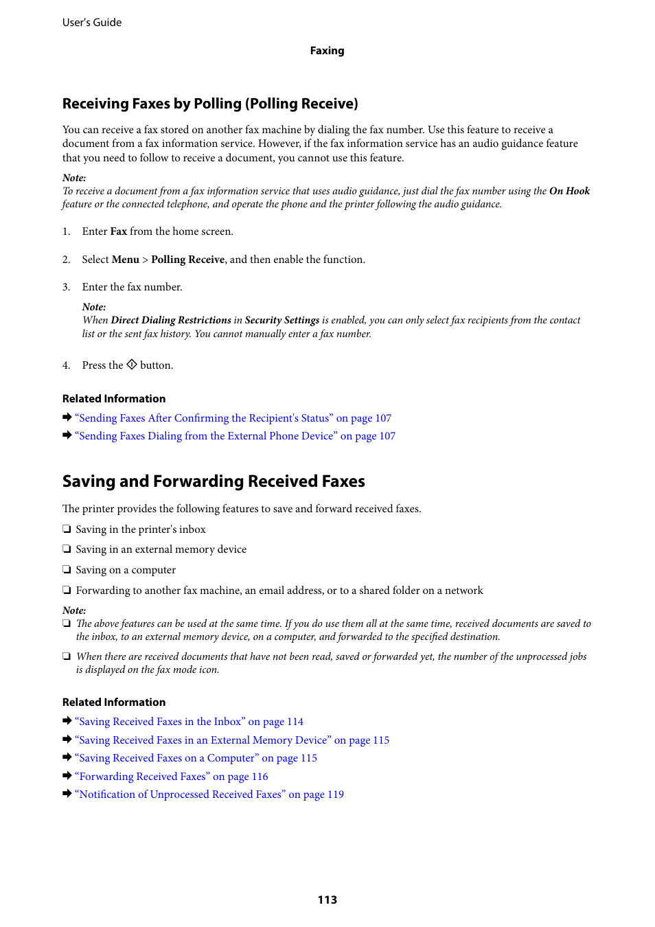 Saving and forwarding received faxes, Receiving faxes by polling (polling receive) | Epson WorkForce Pro WF-R8590 DTWF User Manual | Page 113 / 243