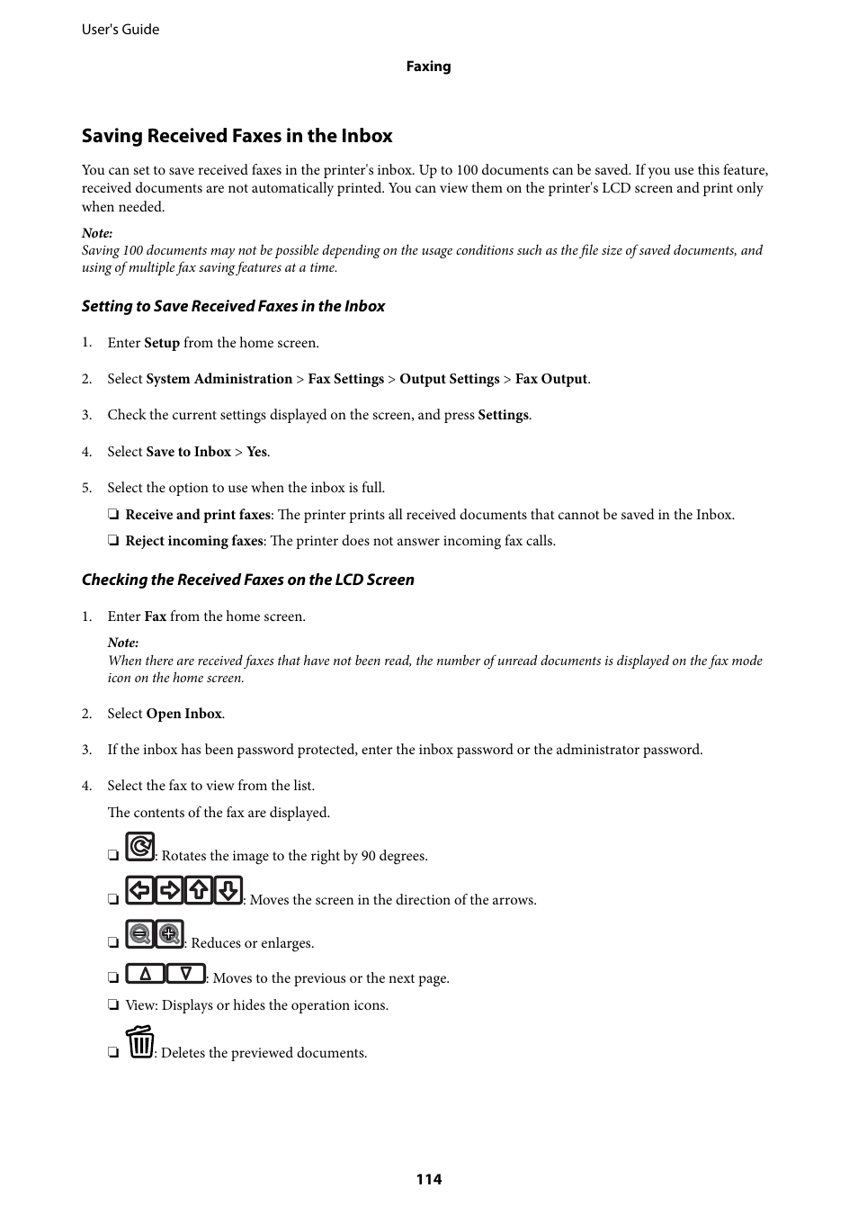 Saving received faxes in the inbox | Epson WorkForce Pro WF-R8590 DTWF User Manual | Page 114 / 243